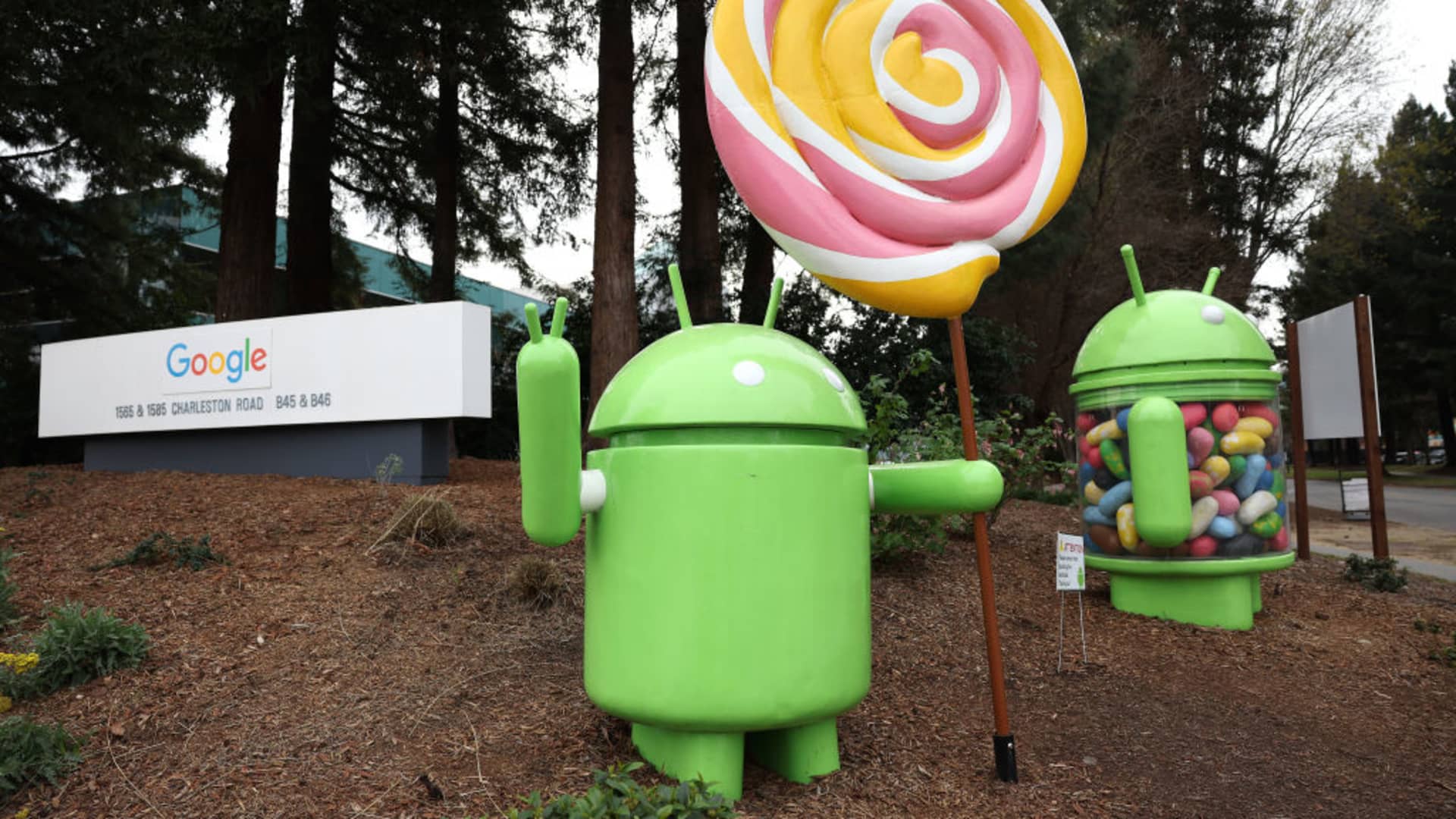 Android figures are displayed at Google headquarters on February 02, 2023 in Mountain View, California.