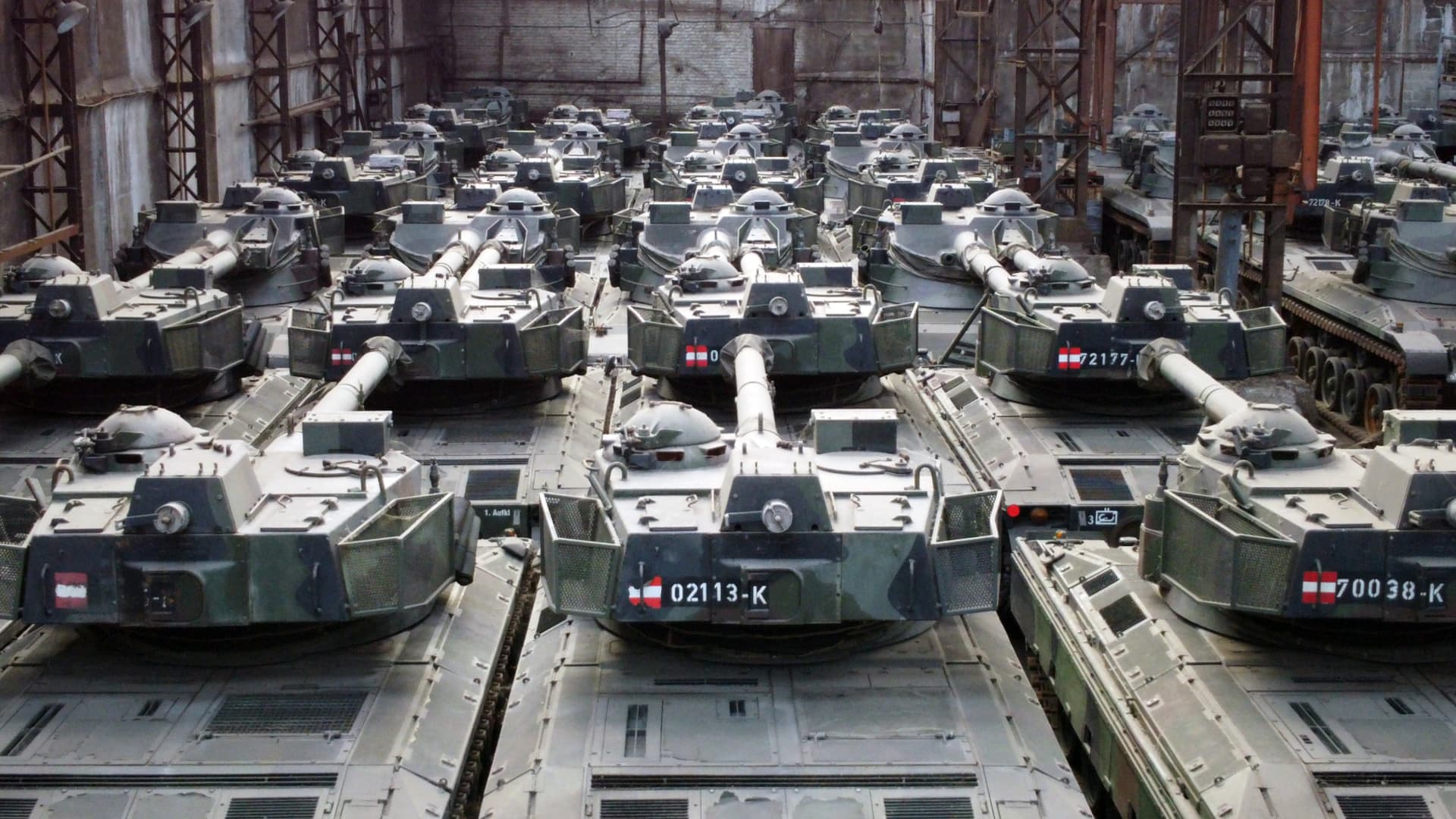 German-made Leopard 1 tanks, which were removed from the Belgian army's inventory years ago and sold to a defense industry company are seen at a warehouse in Tournai, Belgium on February 02, 2023. 