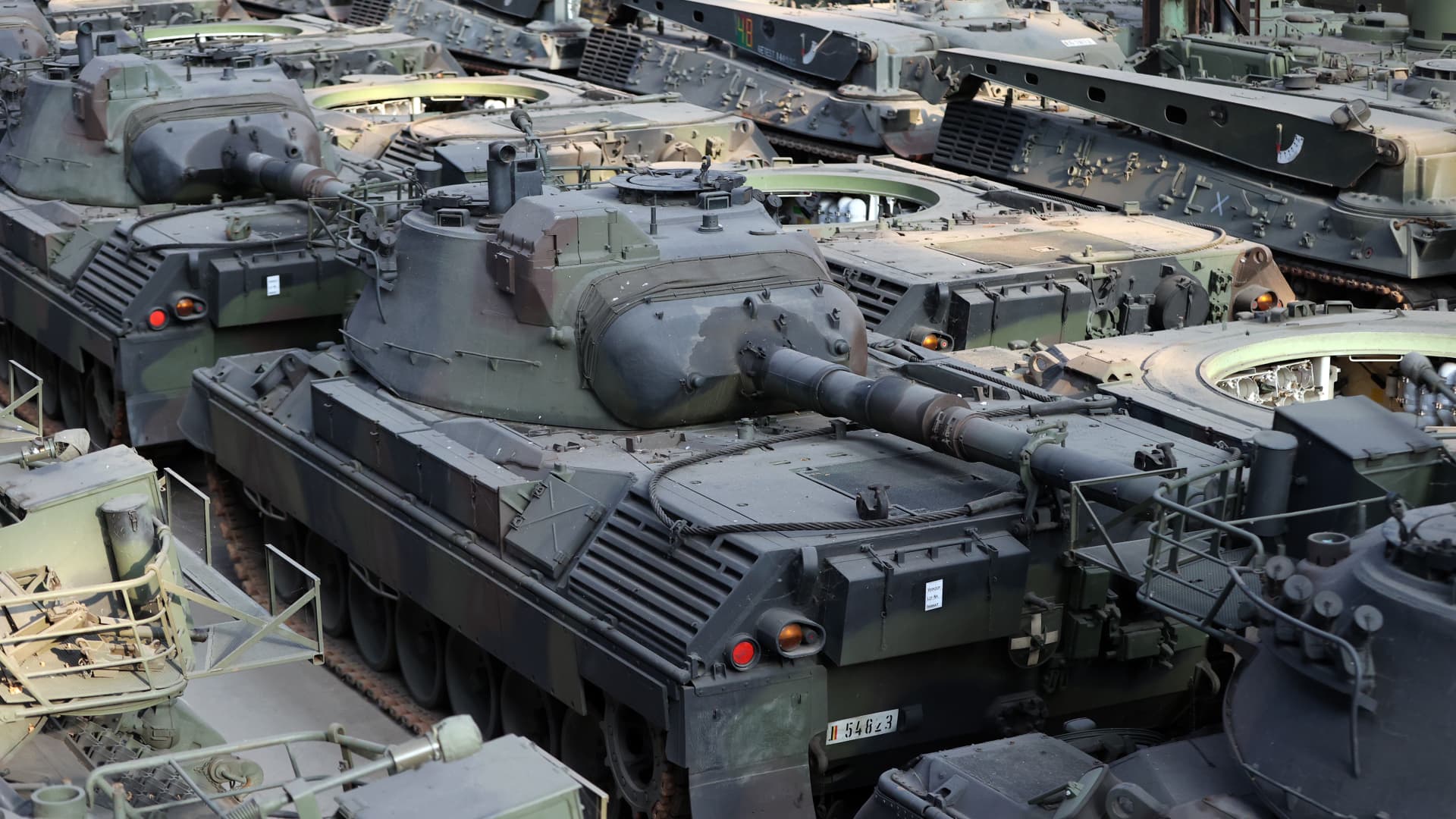 German-made Leopard 1 tanks, which were removed from the Belgian army's inventory years ago and sold to a defense industry company are seen at a warehouse in Tournai, Belgium on February 02, 2023. 