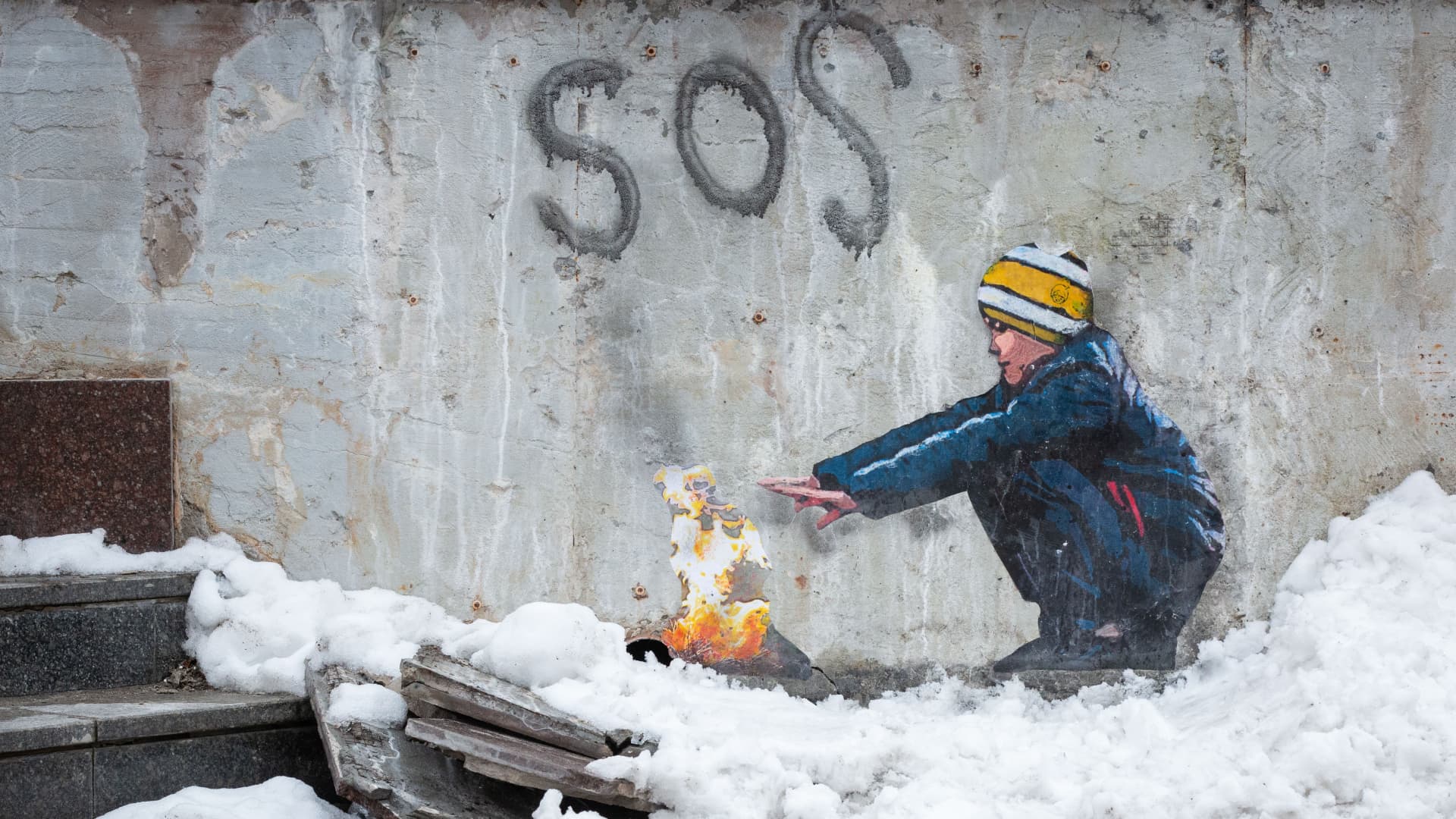 An art work by famous Italian street artist Tvboy in the center of the town of Bucha, near Kyiv, Ukraine, on February 2, 2023. 