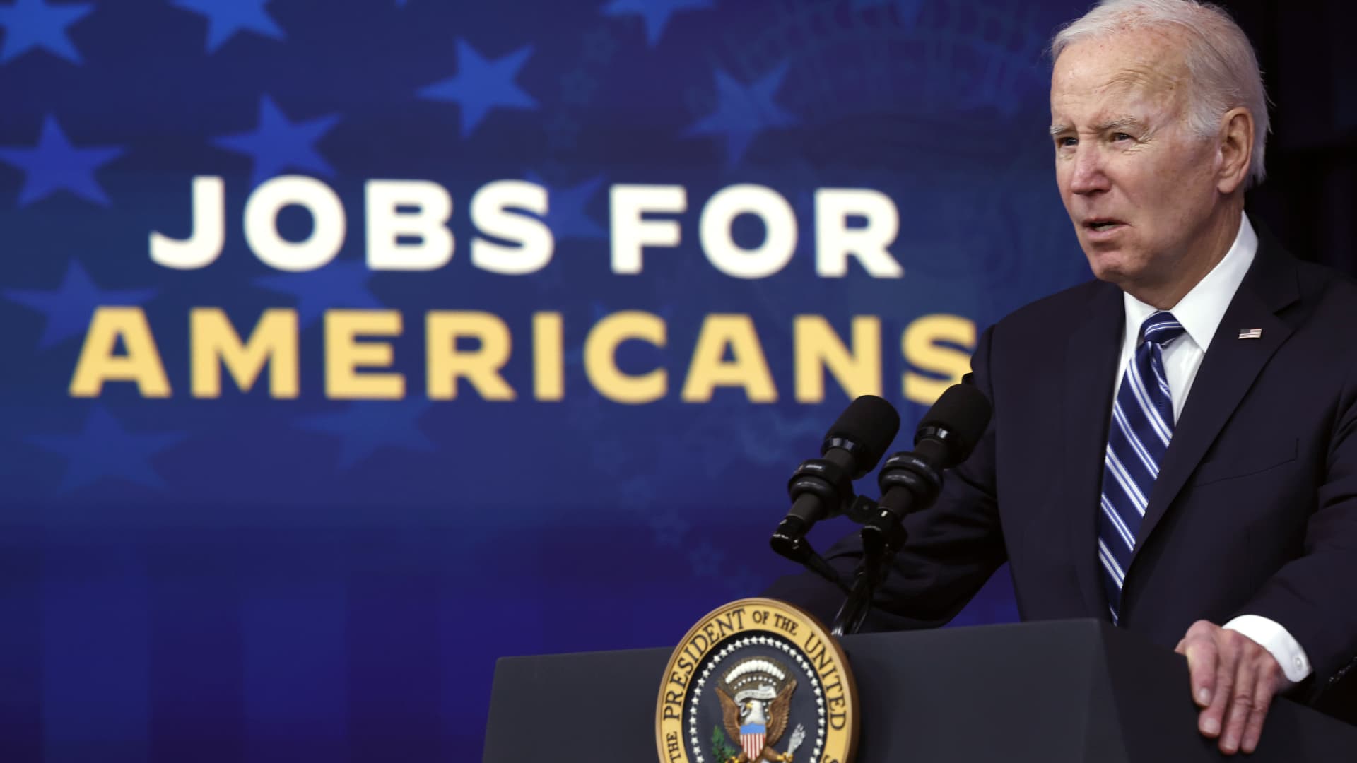 US President Joe Biden delivers remarks about the latest jobs report in the South Court Auditorium in the Eisenhower Executive Office Building on February 03, 2023 in Washington, DC.