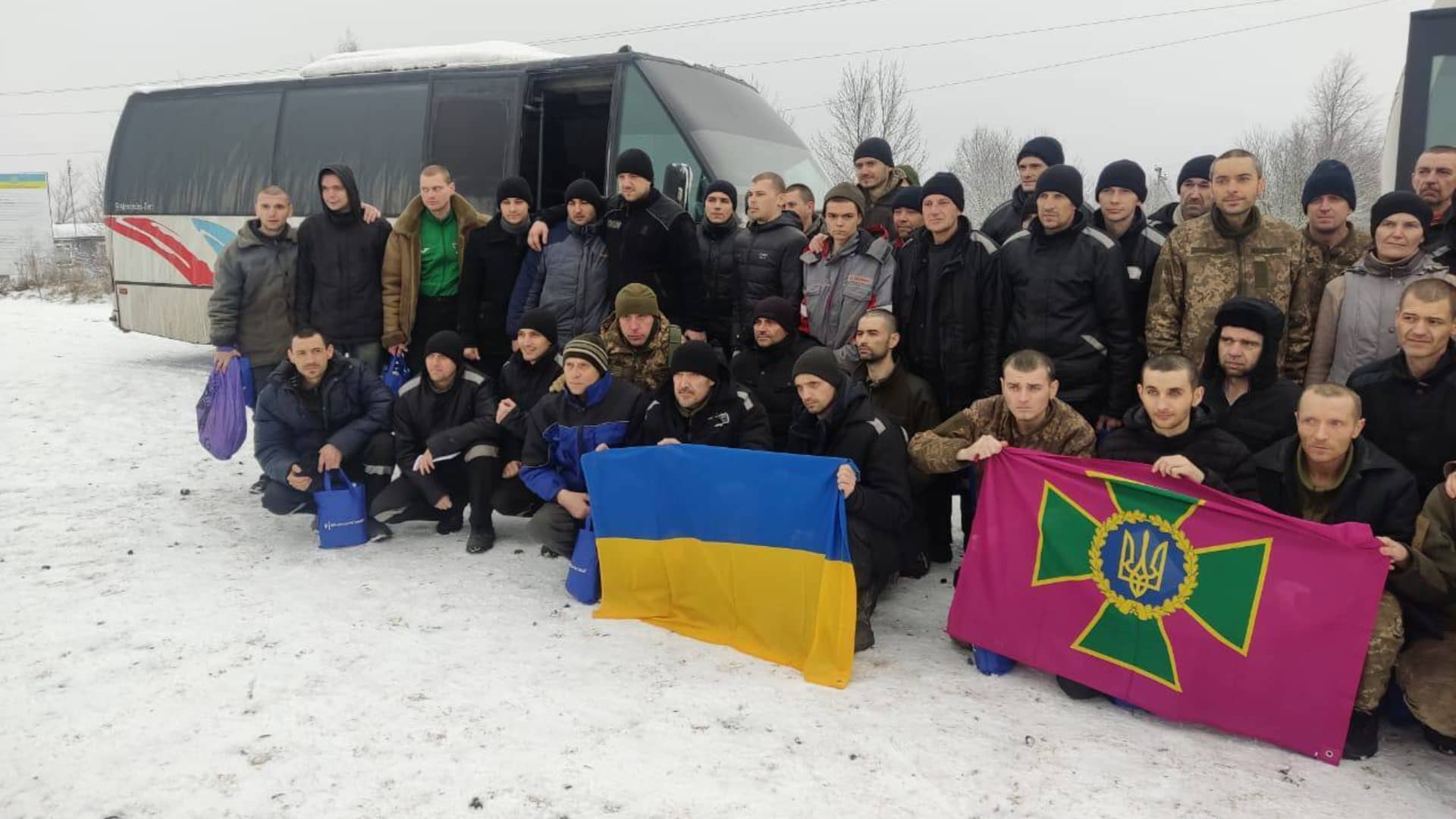116 Ukrainian servicemen pose for a photo after being released in new round of war prisoners exchange with Russia on February 04, 2023.
