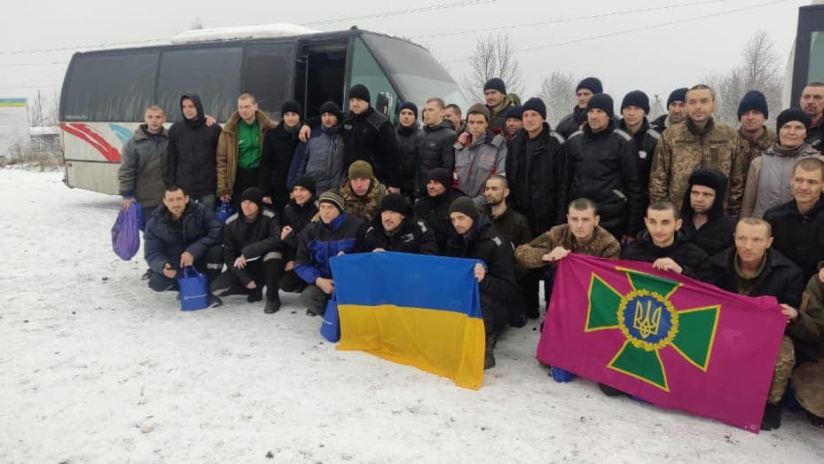 116 Ukrainian servicemen pose for a photo after being released in new round of war prisoners exchange with Russia on February 04, 2023. Andrii Yermak, the head of Ukrainian President Volodymyr Zelenskyy's office, said on March 7, 2023 that 130 additional Ukrainians were returned following Russian detention.