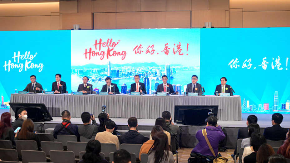Hong Kong Financial Secretary Paul Chan Mo-po (4th from right) speaks during the "Hello Hong Kong" campaign announcement on Feb. 2, 2023.