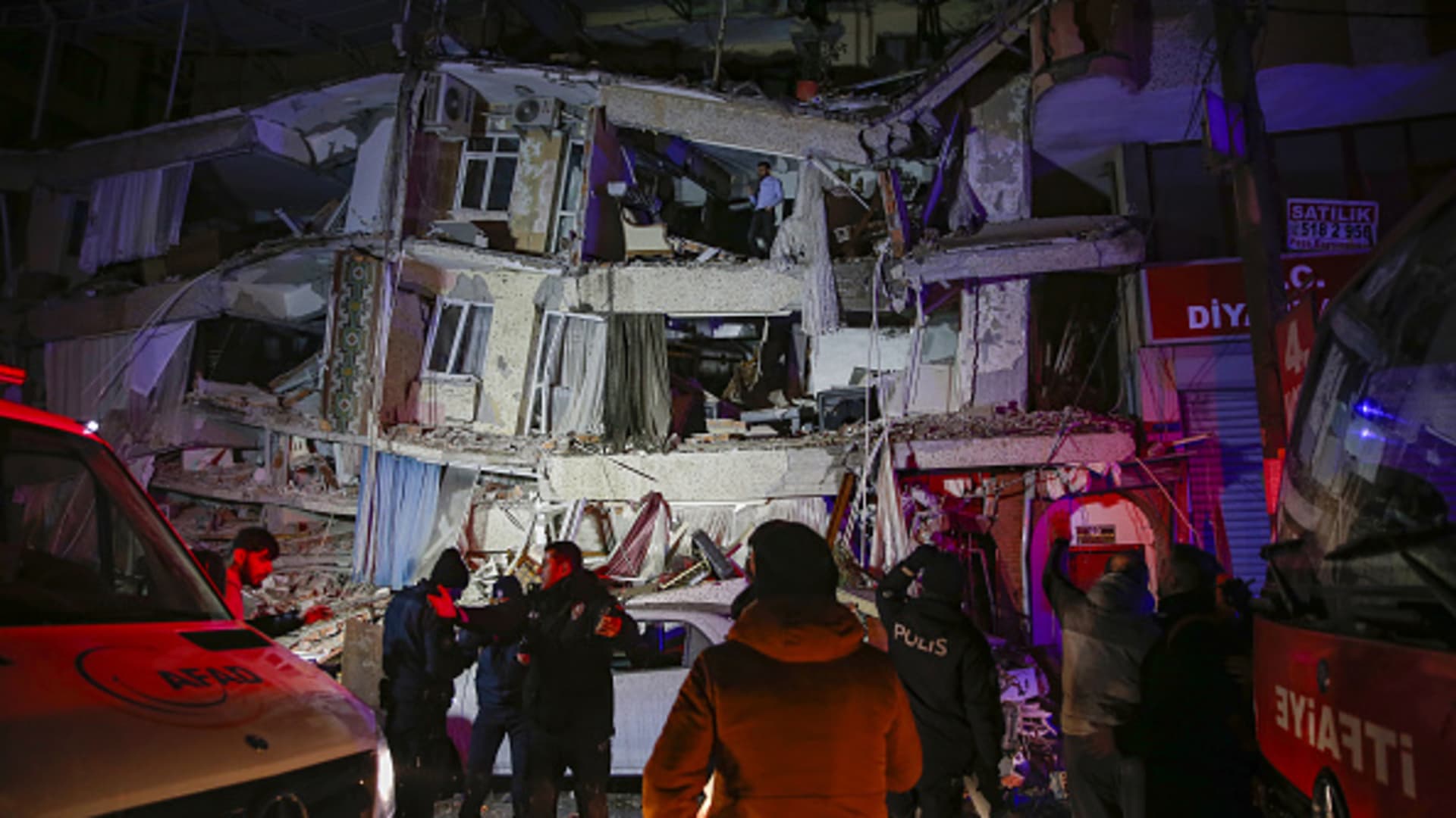 A destroyed building in Diyarbakir, Turkey, after a massive earthquake and its aftershocks leveled buildings in Turkey and Syria on Feb. 6, 2023.