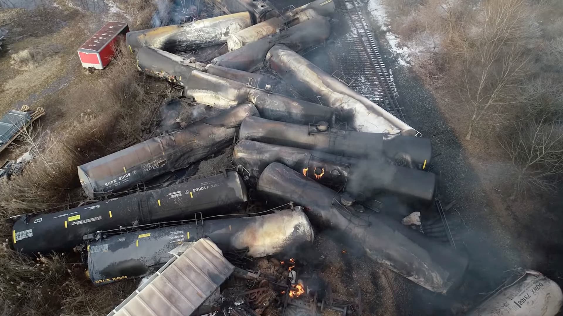 Drone footage shows the freight train derailment in East Palestine, Ohio, U.S., February 6, 2023 in this screengrab obtained from a handout video released by the NTSB.