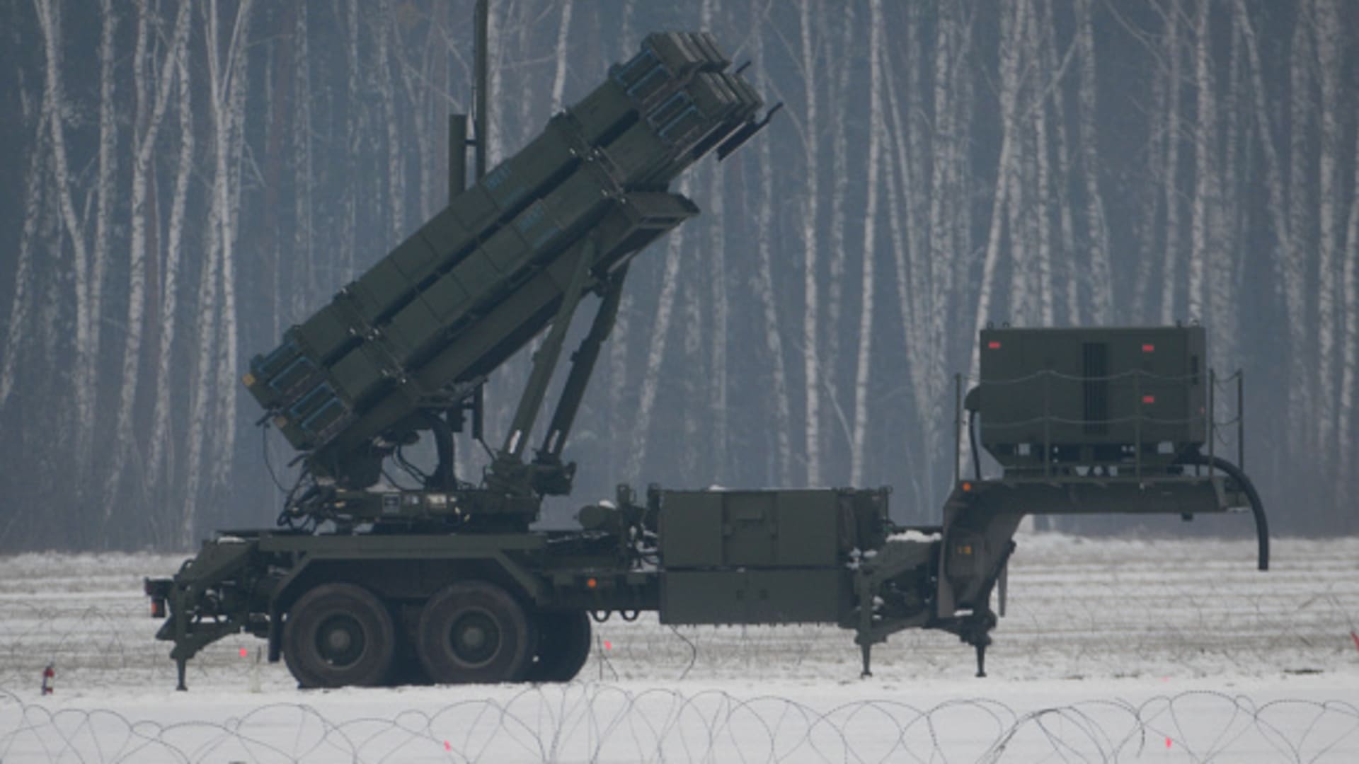 Patriot surface-to-air missile systems are seen at Warsaw Babice Airport in the Bemowo district of Warsaw, Poland on 06 February, 2023. 