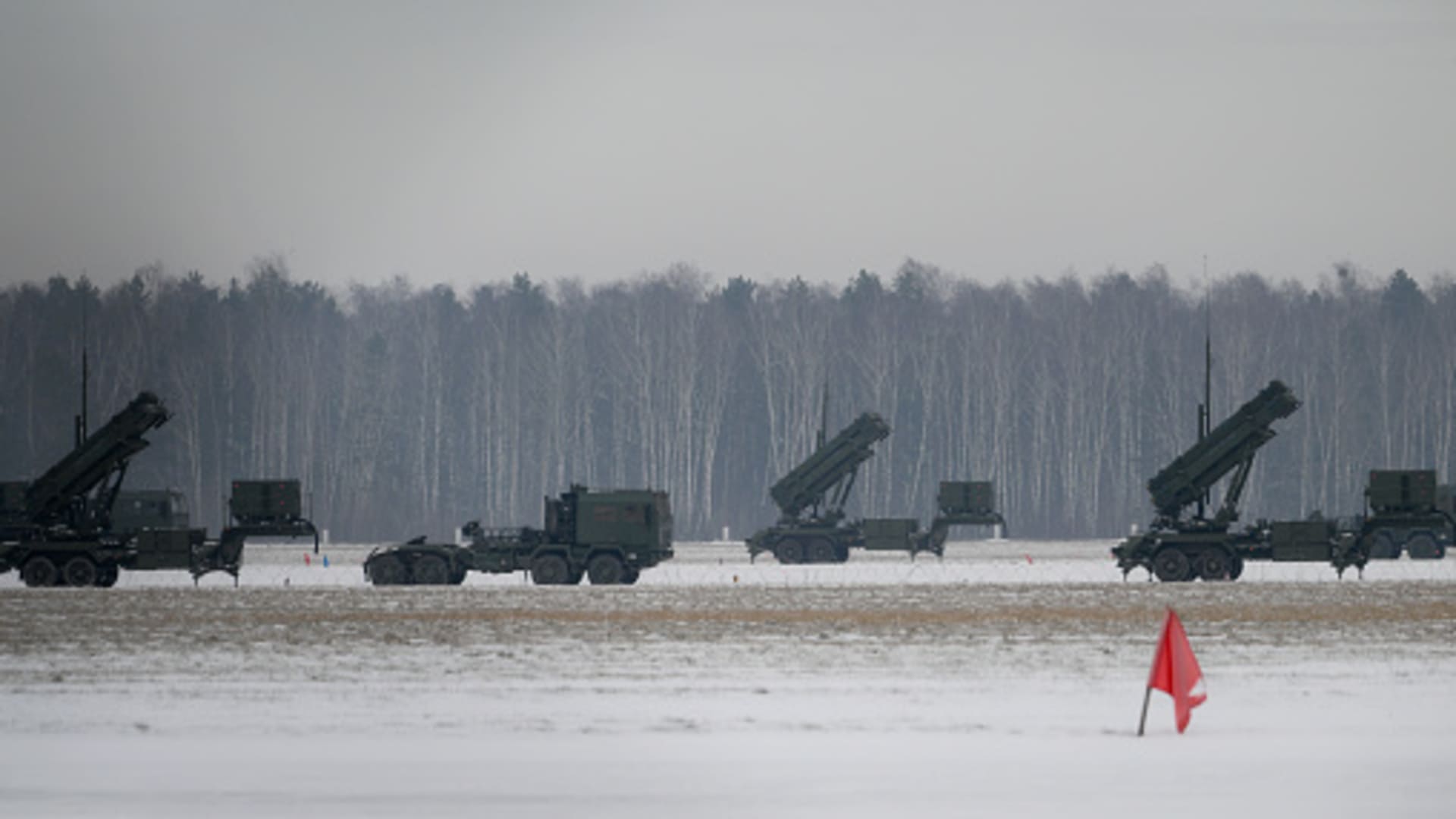 Patriot surface-to-air missile systems are seen at Warsaw Babice Airport in the Bemowo district of Warsaw, Poland on 06 February, 2023. 