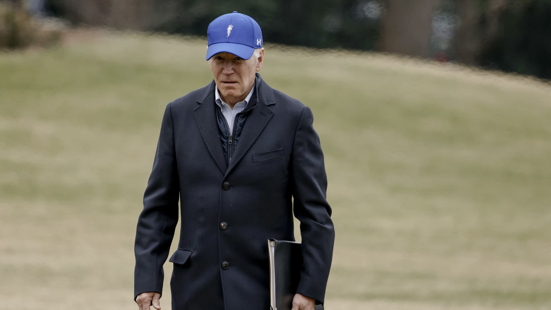 U.S. President Joe Biden walks on the South Lawn after returning to the White House on Marine One on February 06, 2023 in Washington, DC.