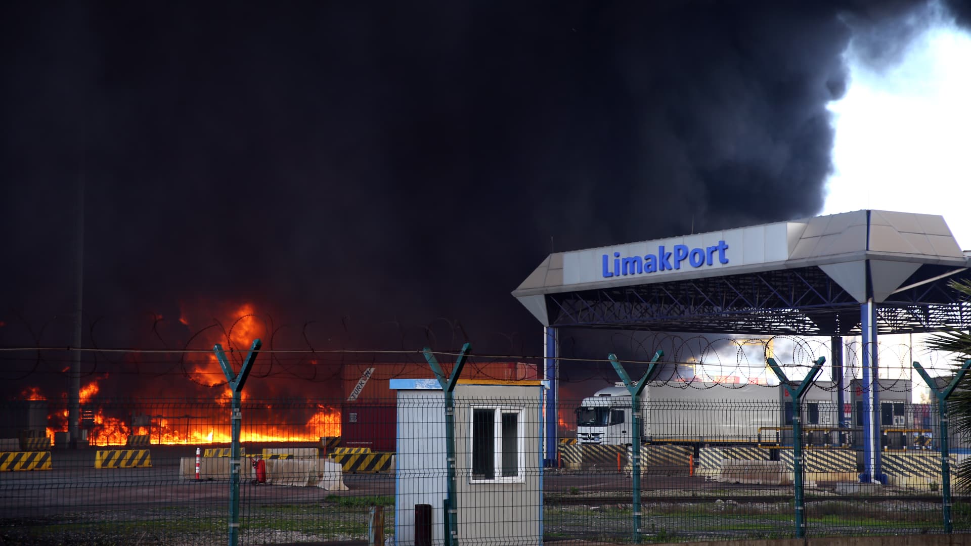 Fire in the containers that overturned after the earthquake in the Iskenderun Port continues in Hatay, after major earthquakes hit Kahramanmaras, Turkey on February 7, 2023.