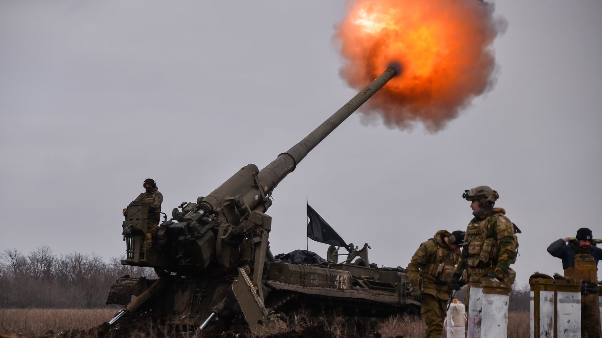 Ukrainian artillery teams fire a Pion toward Russian positions in Bakhmut.