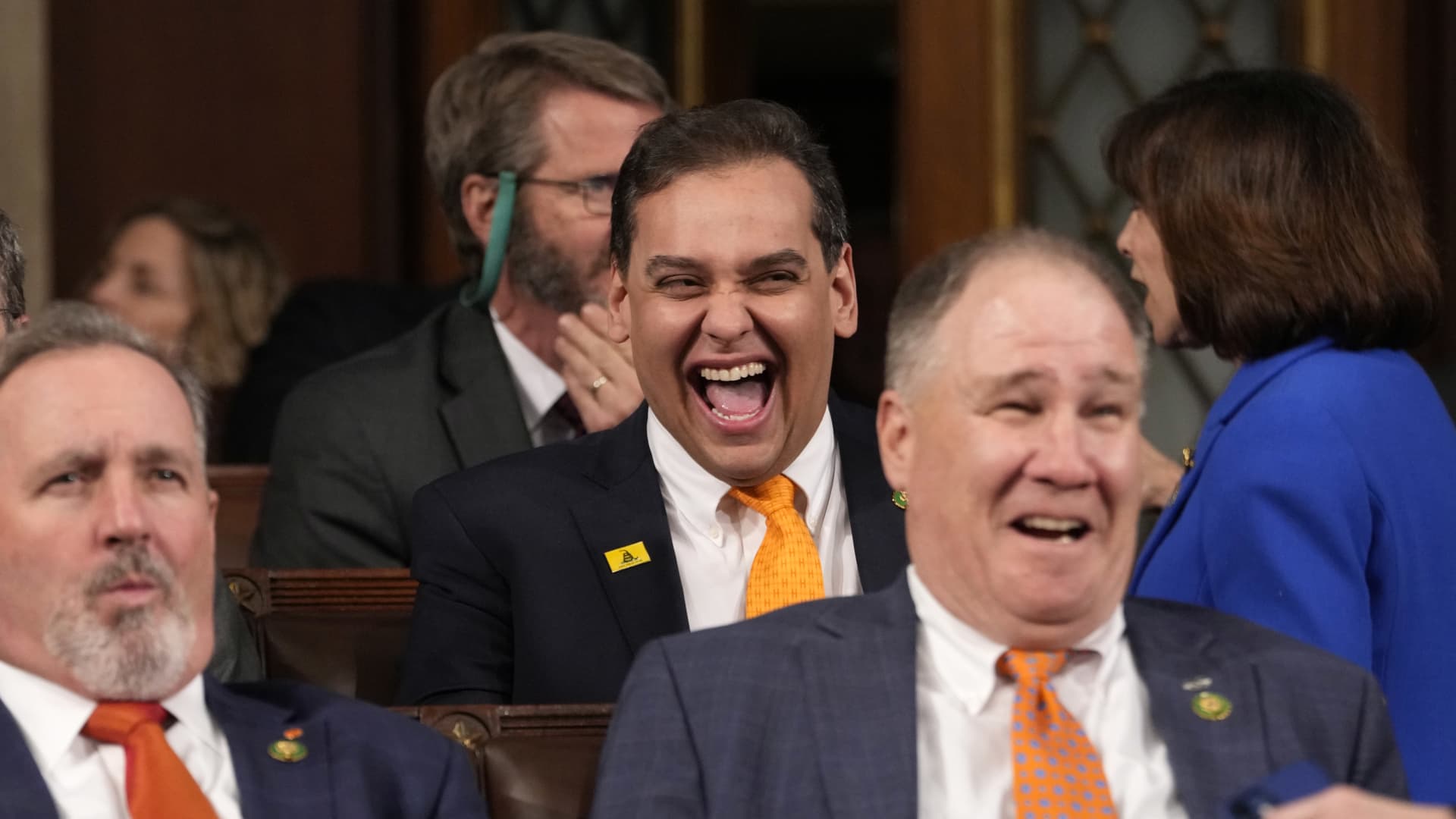 Representative George Santos, a Republican from New York, center, ahead of a State of the Union address at the US Capitol in Washington, DC, US, on Tuesday, Feb. 7, 2023.