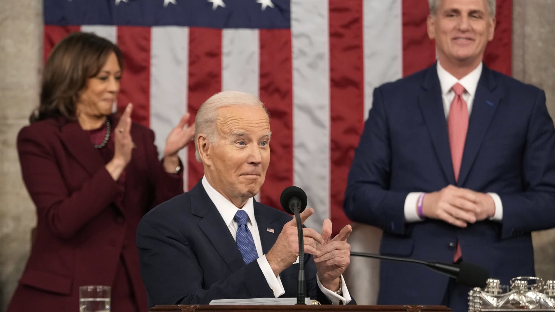 U.S. President Joe Biden delivers the State of the Union address to a joint session of Congress as Vice President Kamala Harris and House Speaker Kevin McCarthy (R-CA) listen on February 7, 2023 in the House Chamber of the U.S.