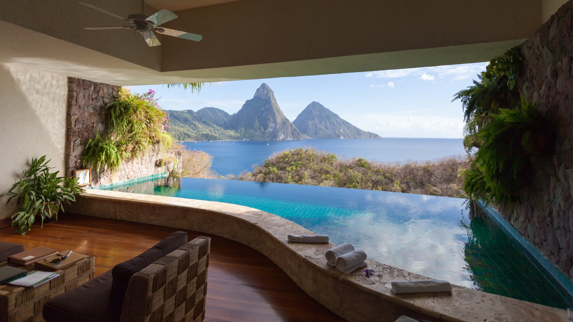 A view of St. Lucia's Pitons mountains from the Jade Mountain Resort, which was ranked the third best hotel in the Caribbean in 2023 by the U.S. News & World Report.