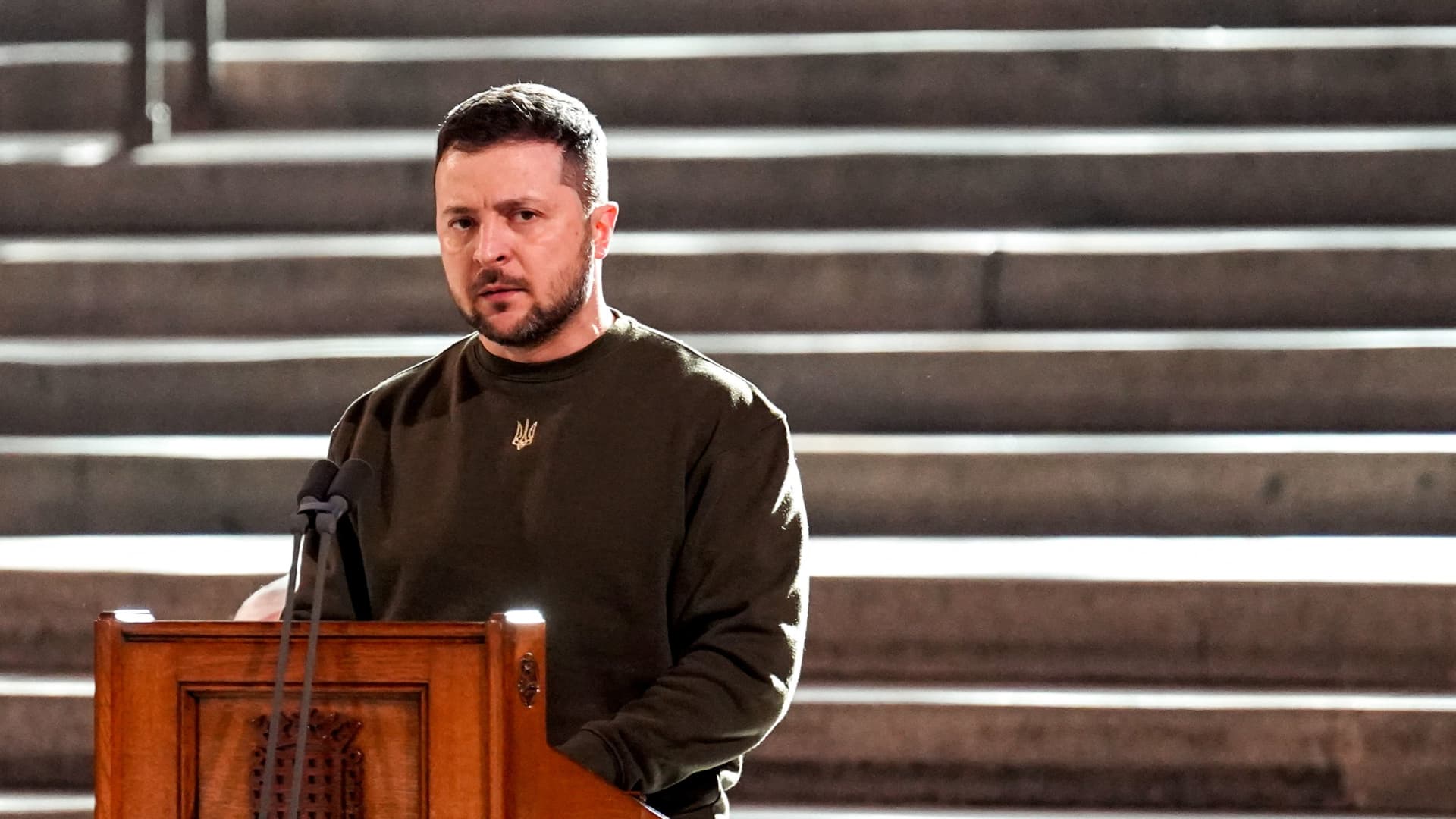 Ukraine's President Volodymyr Zelenskyy addresses British MPs in Westminster Hall, inside the Palace of Westminster in central London on February 8, 2023.