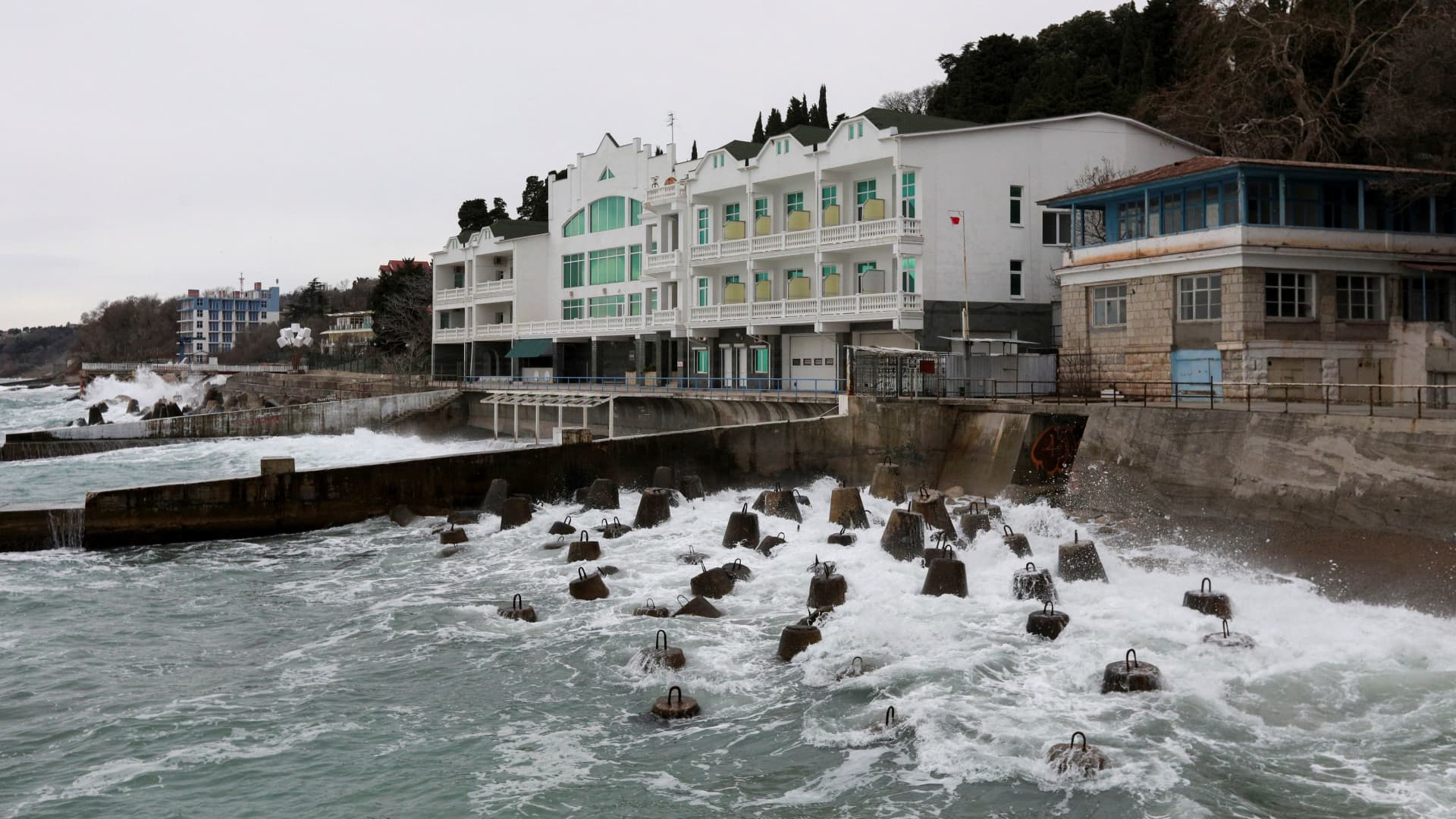 The hotel Gornoye Solntse, reportedly one of around 500 properties in the Crimean peninsula, including some belonging to senior Ukrainian politicians and business figures that were nationalized by local Russian-installed authorities, in Alupka, Crimea, on Feb. 8, 2023.
