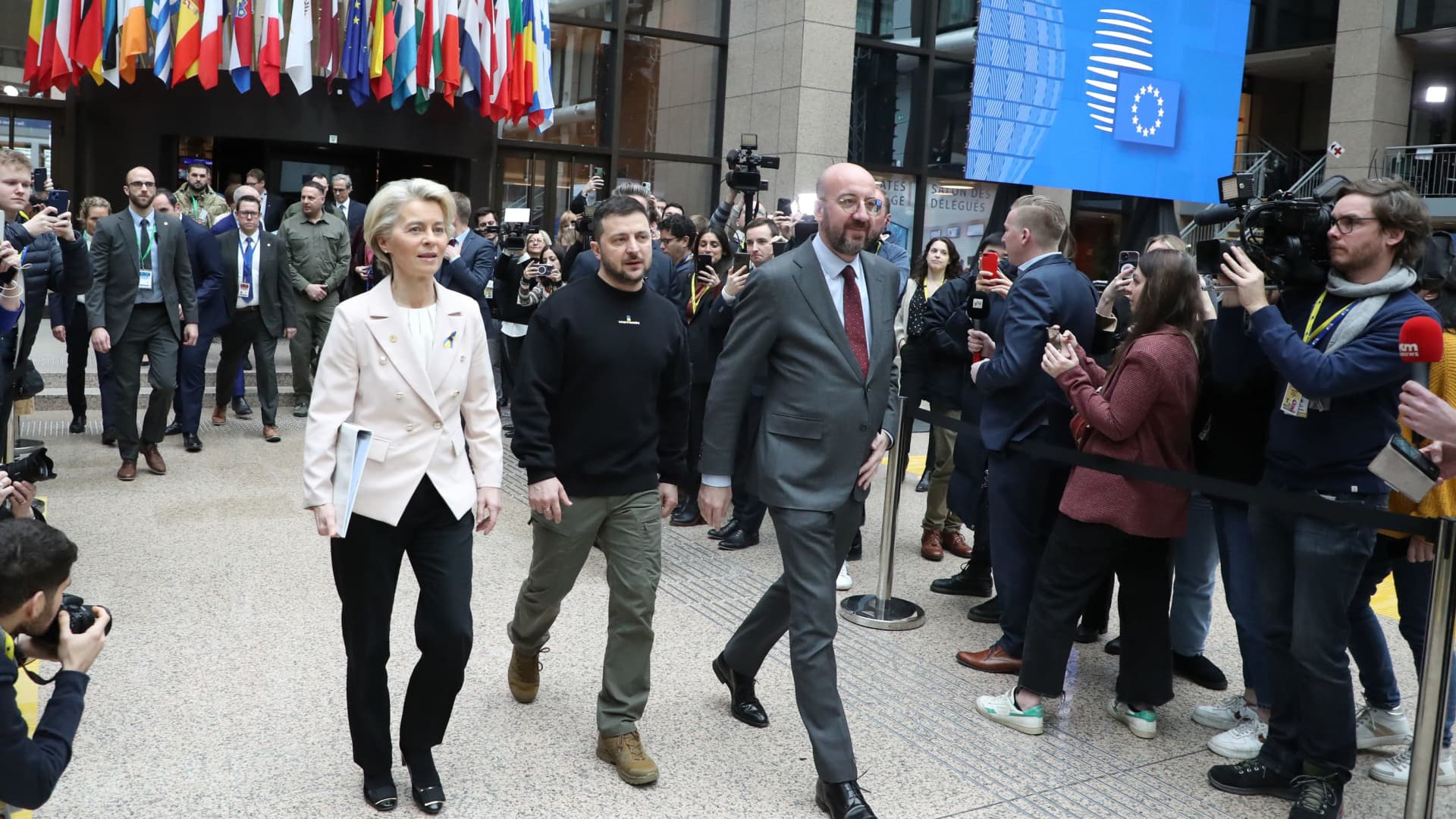European Commission President Ursula Von der Leyen, Ukraine president Volodymyr Zelensky and European Council President Charles Michel pictured at a Special European council summit, in Brussels, Thursday 09 February 2023.