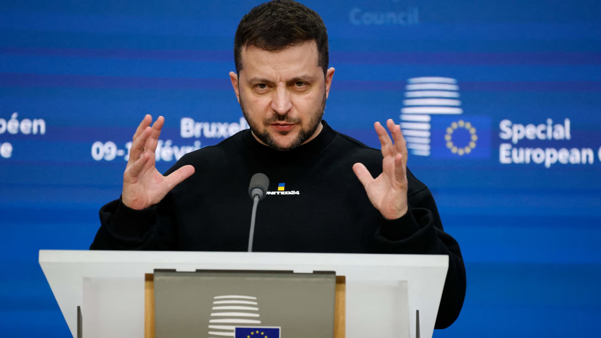 Ukraine's president Volodymyr Zelensky gives a press conference following a round-table meeting as part of a EU summit in Brussels, on February 9, 2023.