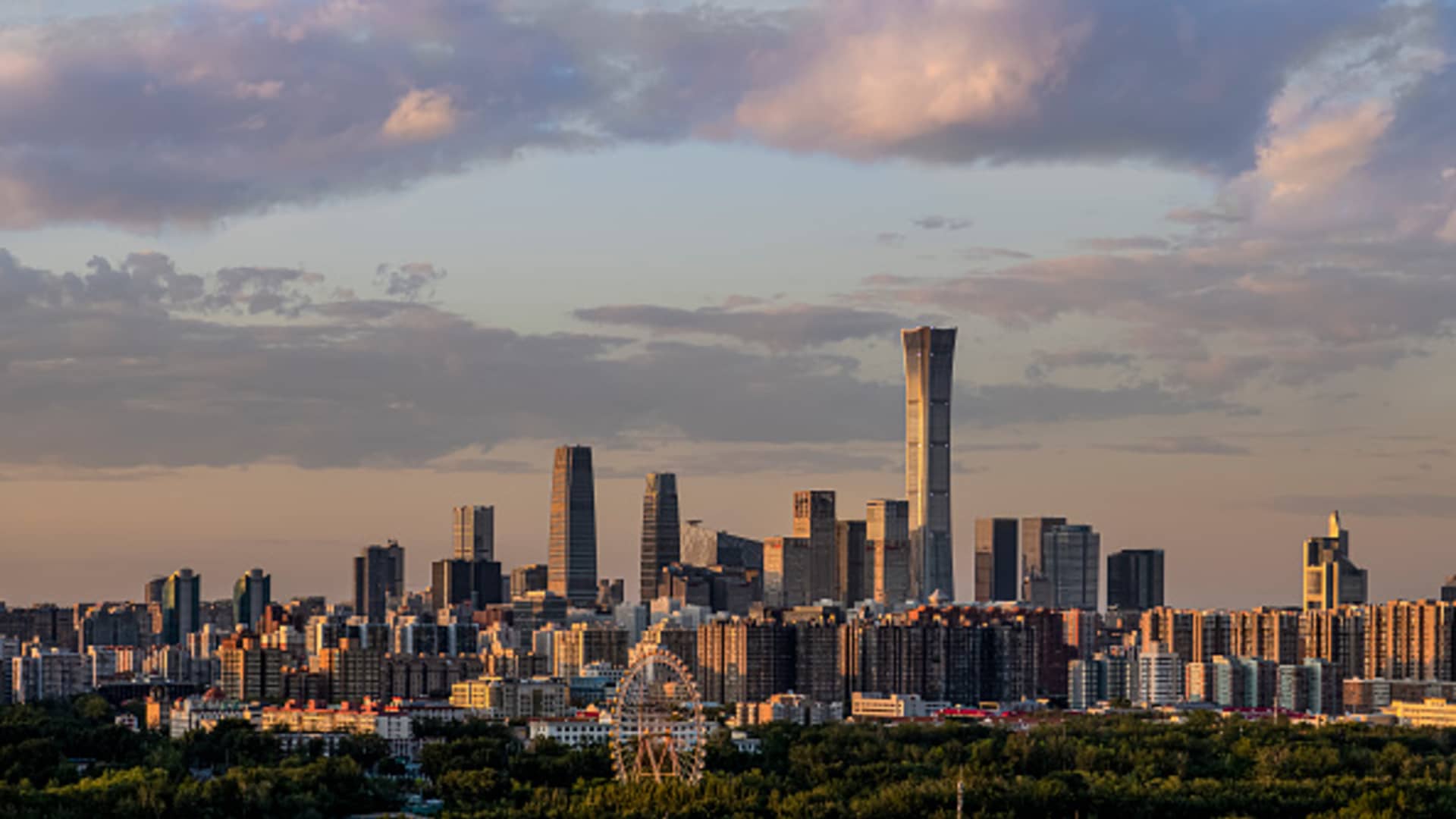 View of the central business district skyline at sunset in Beijing, China.
