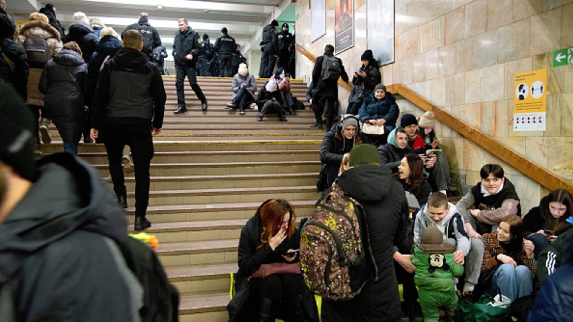 Ukrainian citizens take shelter inside a metro station during a rocket attack in Kyiv, Ukraine on February 10, 2023.
