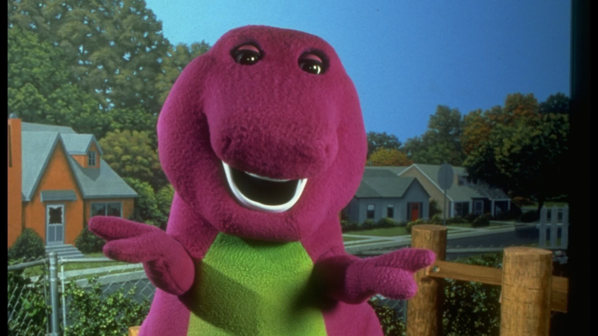 Barney, the purple dinosaur, in scene fr. (The Lyons Group) PBS TV series Barney & Friends.(Photo by Mark Perlstein/Getty Images)