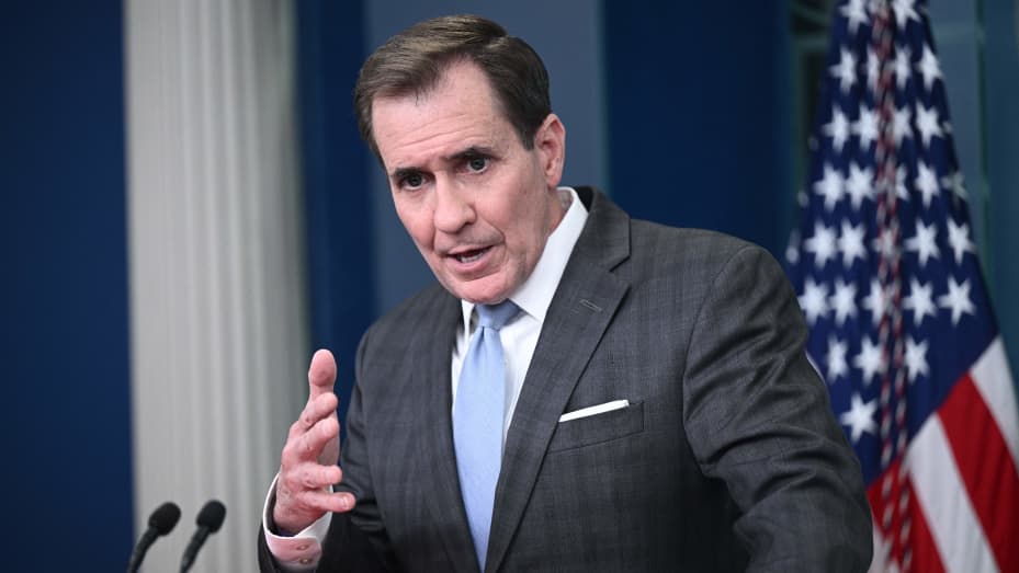 National Security Council Coordinator for Strategic Communications John Kirby speaks during the daily briefing in the Brady Briefing Room of the White House in Washington, DC, on February 10, 2023.