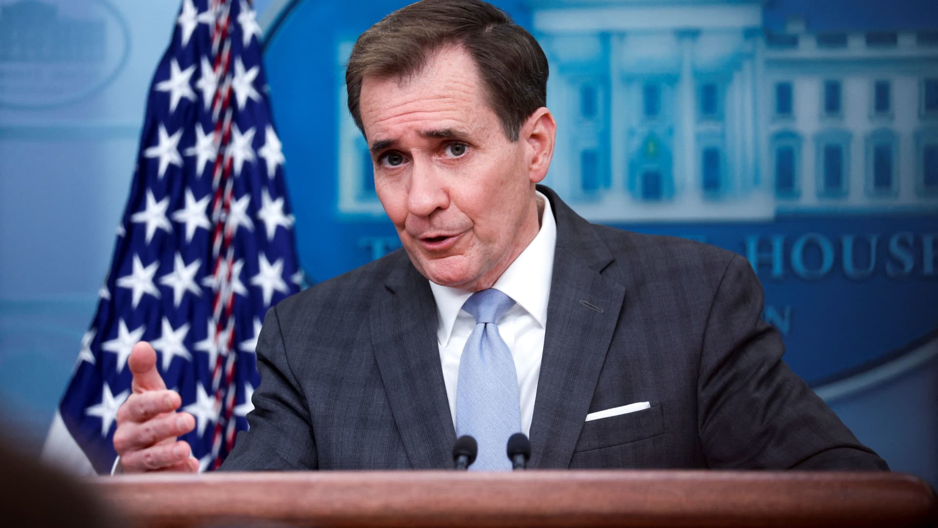 White House National Security Council Strategic Communications Coordinator John Kirby takes questions during the daily press briefing at the White House in Washington, U.S. February 10, 2023. 