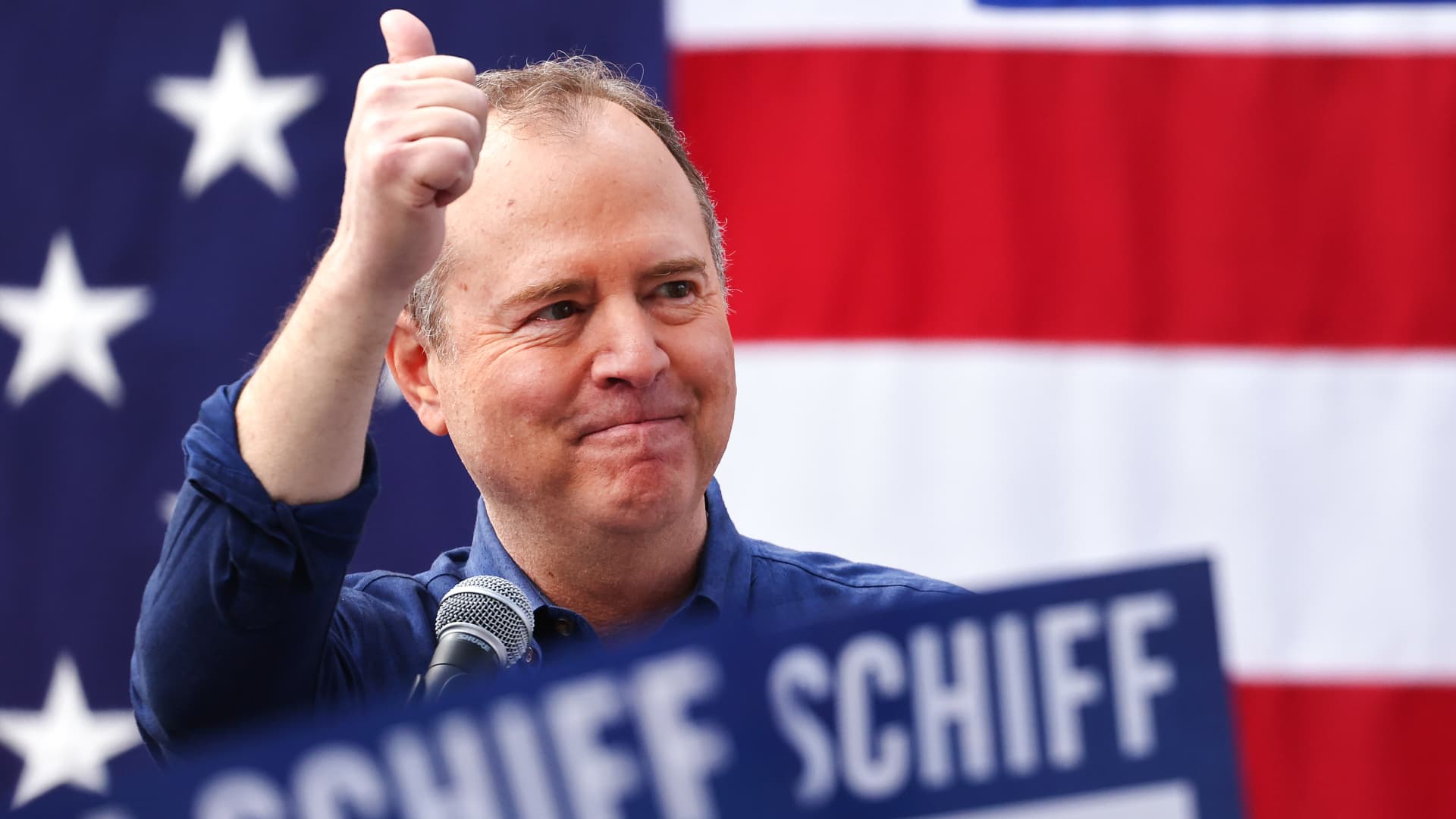 U.S. Rep. Adam Schiff (D-CA) gestures to supporters outside the International Alliance of Theatrical Stage Employees (IATSE) Union Hall, at the kickoff rally for his two-week ‘California for All Tour’, on February 11, 2023 in Burbank, California. 