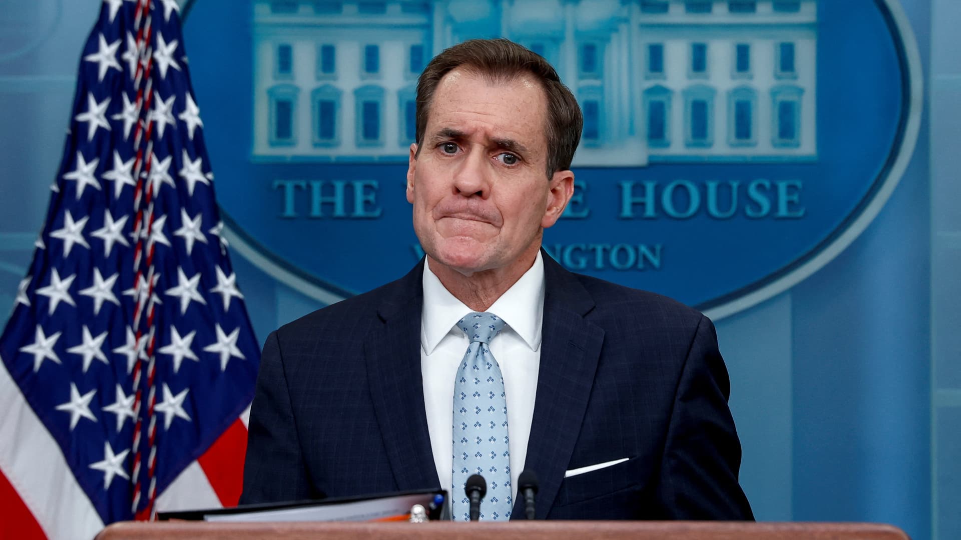 John Kirby, National Security Council Coordinator for Strategic Communications, answers questions during the daily press briefing at the White House in Washington, U.S., February 13, 2023. 