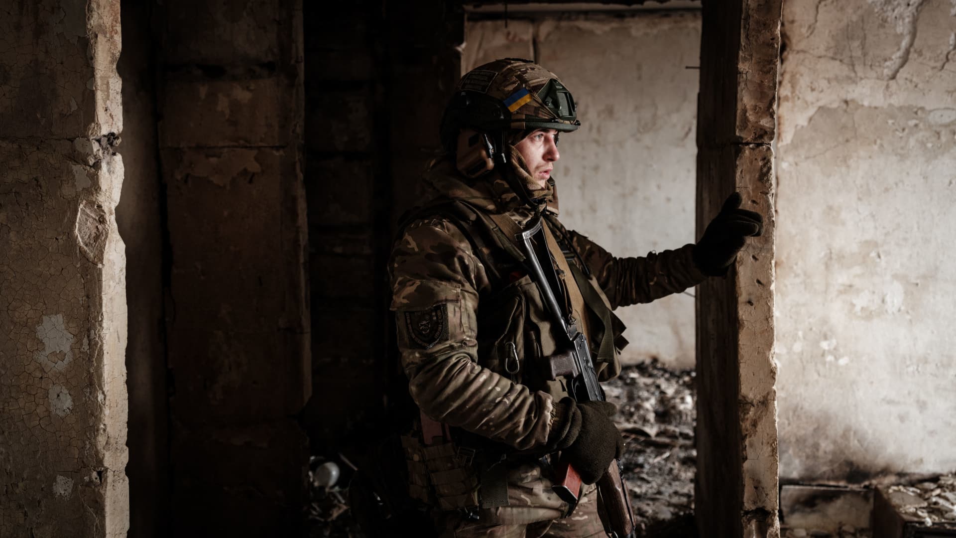 A Ukrainian serviceman of the State Border Guard Service in Bakhmut on Feb. 9, 2023, amid the Russian invasion of Ukraine.