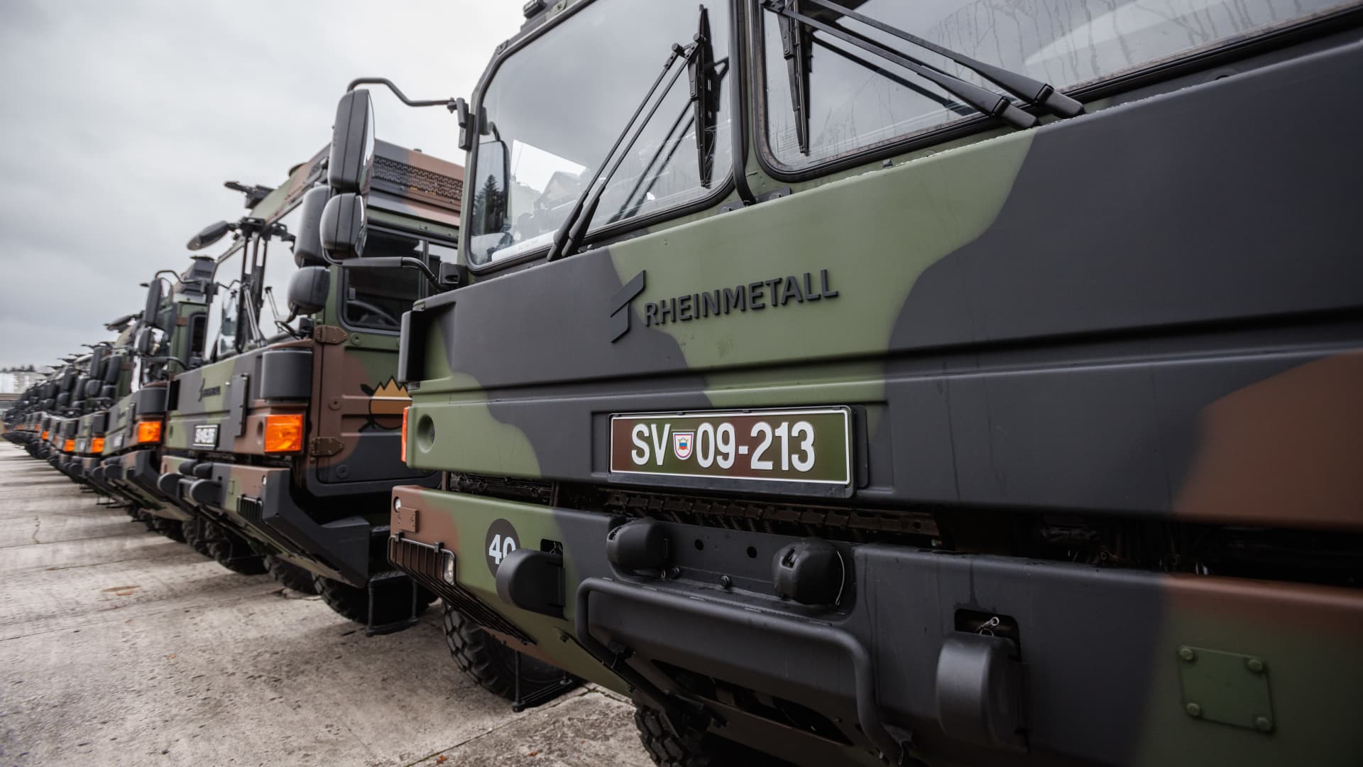 German Rheinmetall MAN tactical military transport vehicles are parked in the Edvard Peperko military barracks. Slovenian military received 40 of Rheinmetall trucks as part of a so-called chain-swap deal with Germany used to supply arms to Ukraine, in which Slovenia sent 28 M55s tanks to Ukraine and 38 Oshkosh vehicles after purchasing them from the USA.