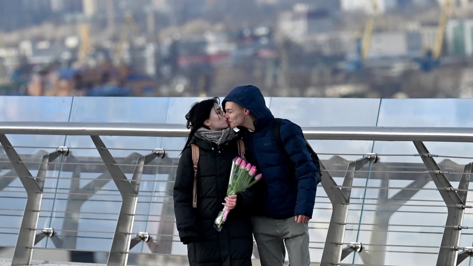 A couple kisses on Valentines Day in Kyiv on February 14, 2023, amid the Russian invasion of Ukraine. 