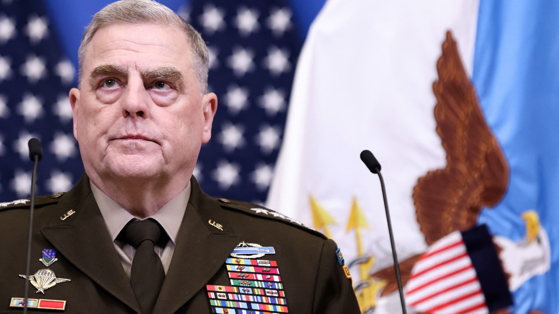 US Chairman of the Joint Chiefs of Staff, General Mark Milley looks on during a press conference after a meeting of the Ukraine Defense Contact Group during a two-day meeting of the alliance's Defence Ministers at the NATO Headquarters in Brussels on February 14, 2023.