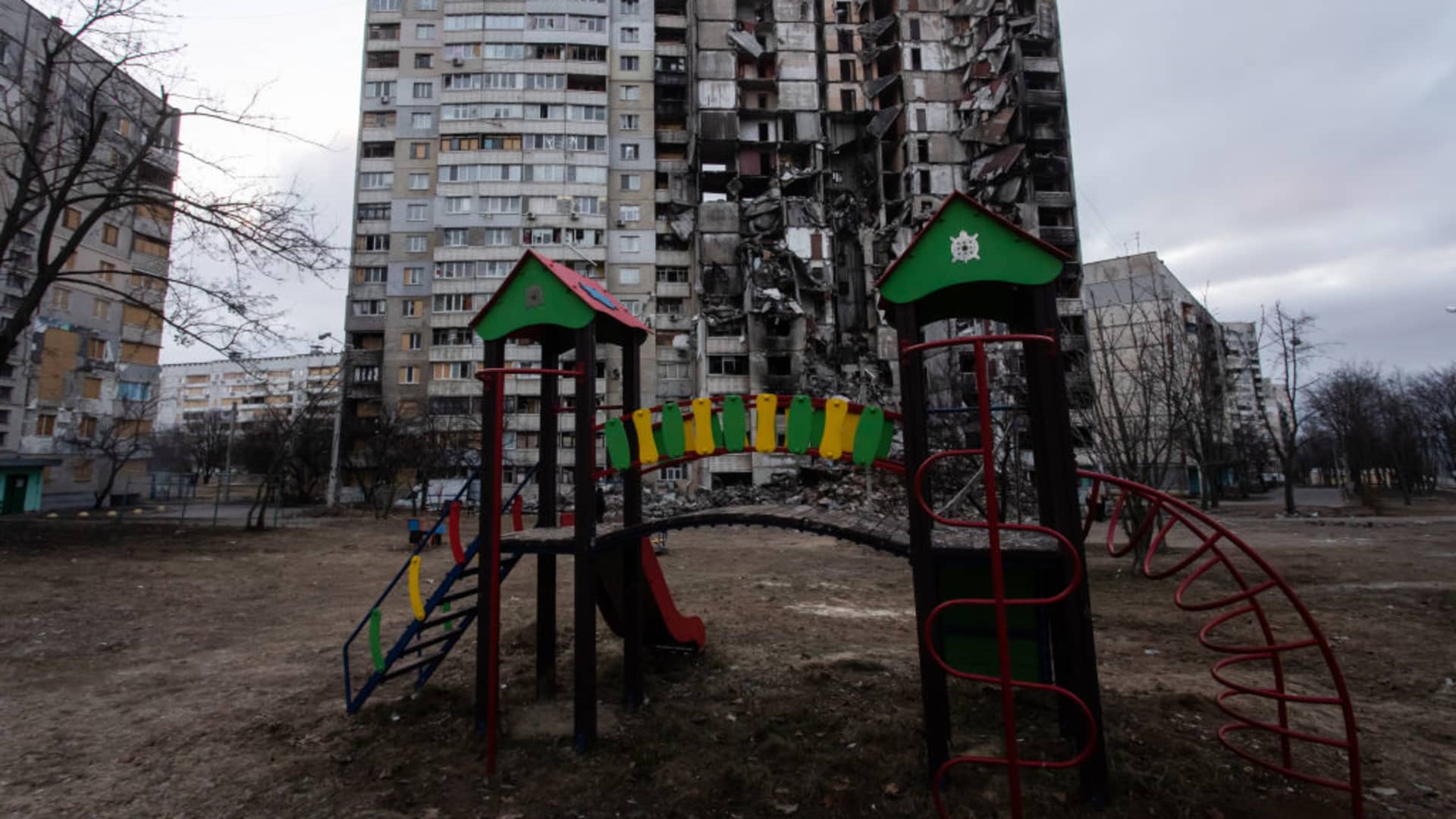 Playground in front of a residential building destroyed by Russian shelling on January 30, 2023 in Kharkiv, Ukraine.