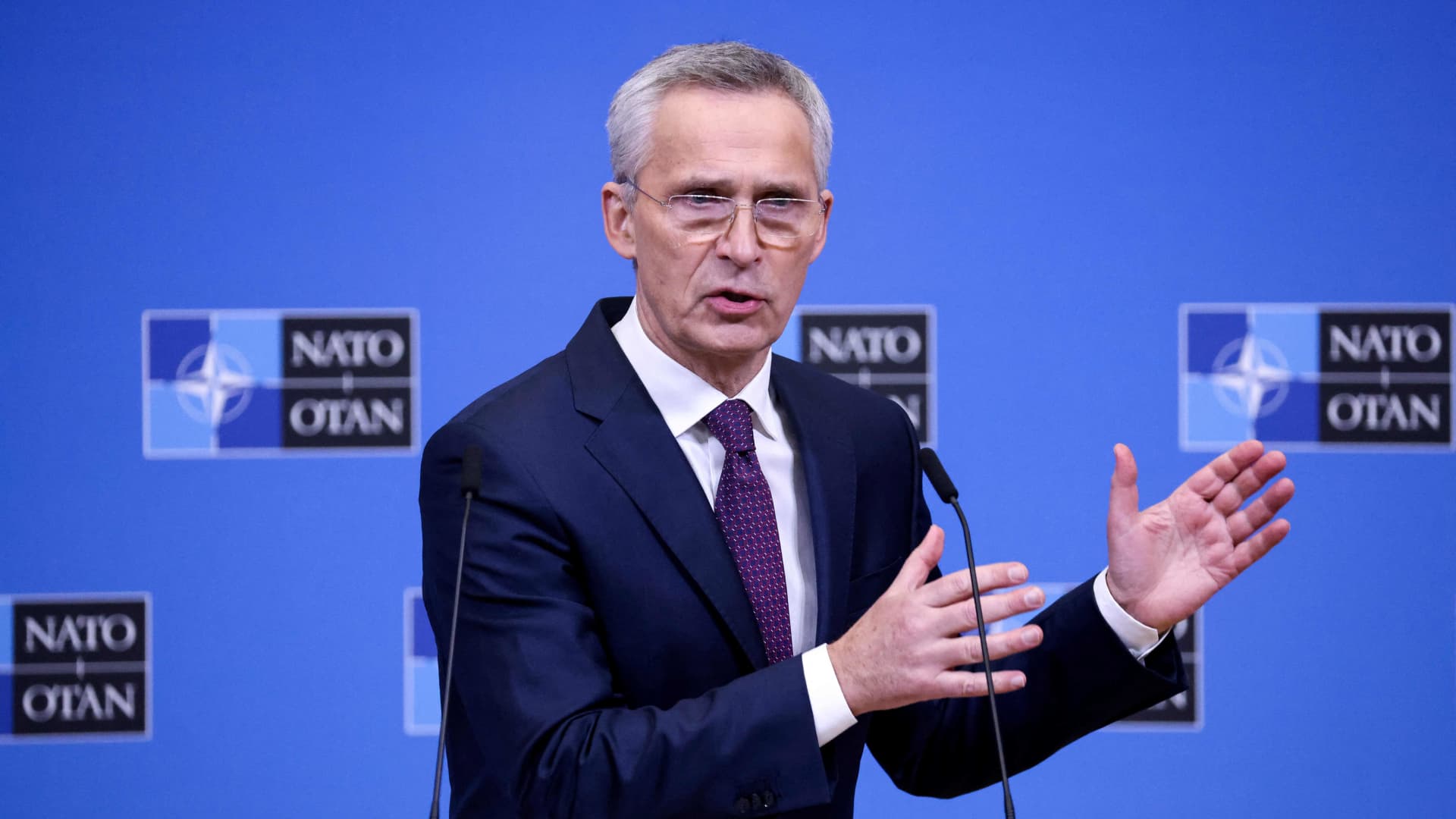 NATO Secretary General Jens Stoltenberg holds a press conference at the end of a two-day meeting of the alliance's defense ministers at the NATO headquarters in Brussels on Feb. 15, 2023.