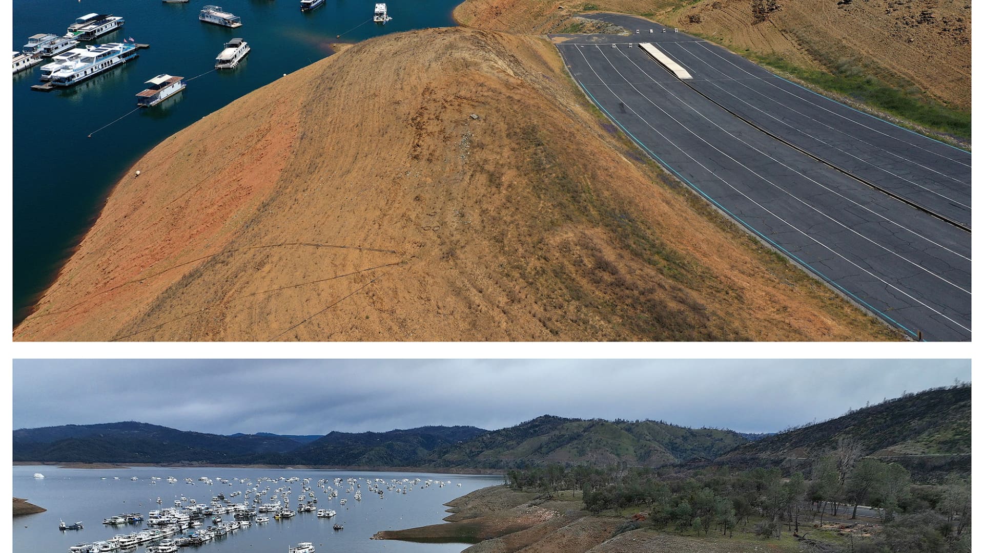 The top image, taken April 27, 2021, shows houseboats that are dwarfed by the steep banks of Lake Oroville. The bottom image was taken on Feb. 14, 2023. 