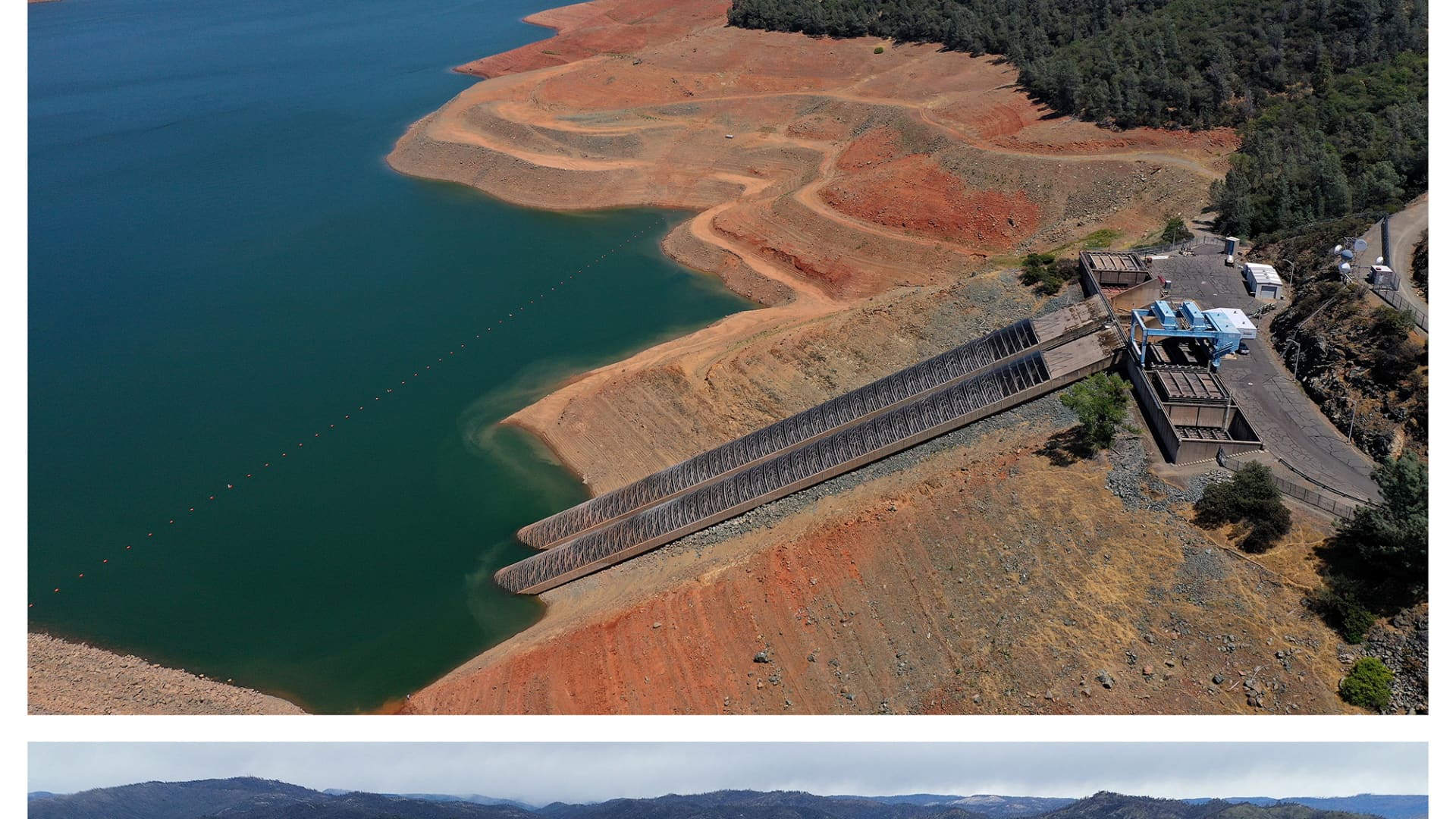 The top image, taken on July 22, 2021, is an aerial view shot that shows visible intake gates at the Edward Hyatt Power Plant intake facility at Lake Oroville. The bottom image was taken on Feb. 14, 2023 after torrential rain prompted the lake to fill with water.