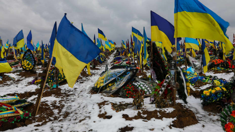 KHARKIV, UKRAINE - FEBRUARY 16: A view of the graveyard where fallen Ukrainian soldiers are buried including Gennady Kovshyk, a soldier of the 92nd Separate Mechanized Brigade, in Kharkiv, Ukraine on February 16, 2023. Kovshyk was a local activist, a participant in the Revolution of Dignity and in 2015 joined the ranks of the Armed Forces of Ukraine. He has fallen in the Kupyansk district of the Kharkiv region during the hospitalization of wounded soldiers, as a result of Russian shelling. (Photo by Sofiia