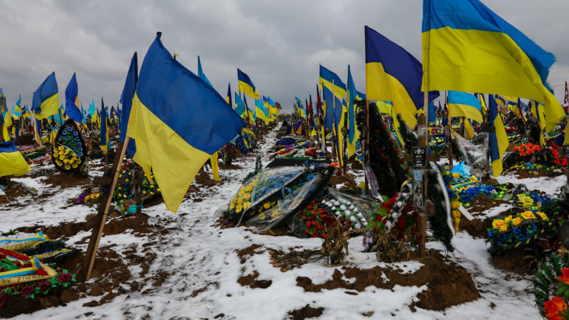 A view of the graveyard where fallen Ukrainian soldiers are buried, including Gennady Kovshyk, a soldier of the 92nd Separate Mechanized Brigade, in Kharkiv, Ukraine, on Feb. 16, 2023.