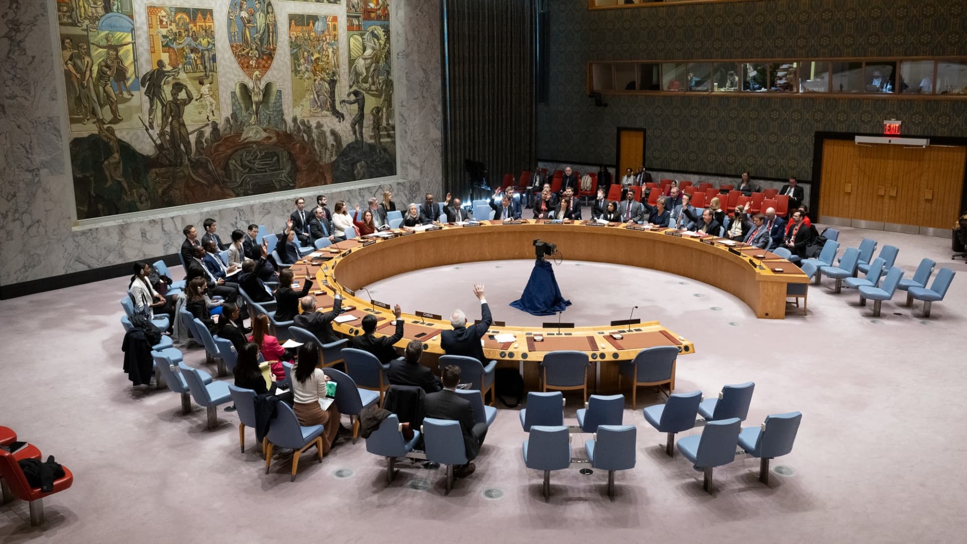 Representatives vote during a UN Security Council meeting at the UN headquarters in New York, on Feb. 15, 2023. The UN Security Council adopted a resolution on Wednesday to renew Yemen sanctions measures of asset freeze and travel ban until Nov. 15, 2023.
