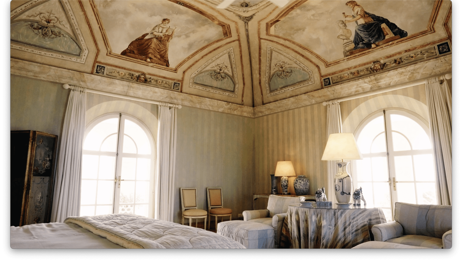 The palatial mood and domed ceiling inside one of the main villa's nine bedrooms.