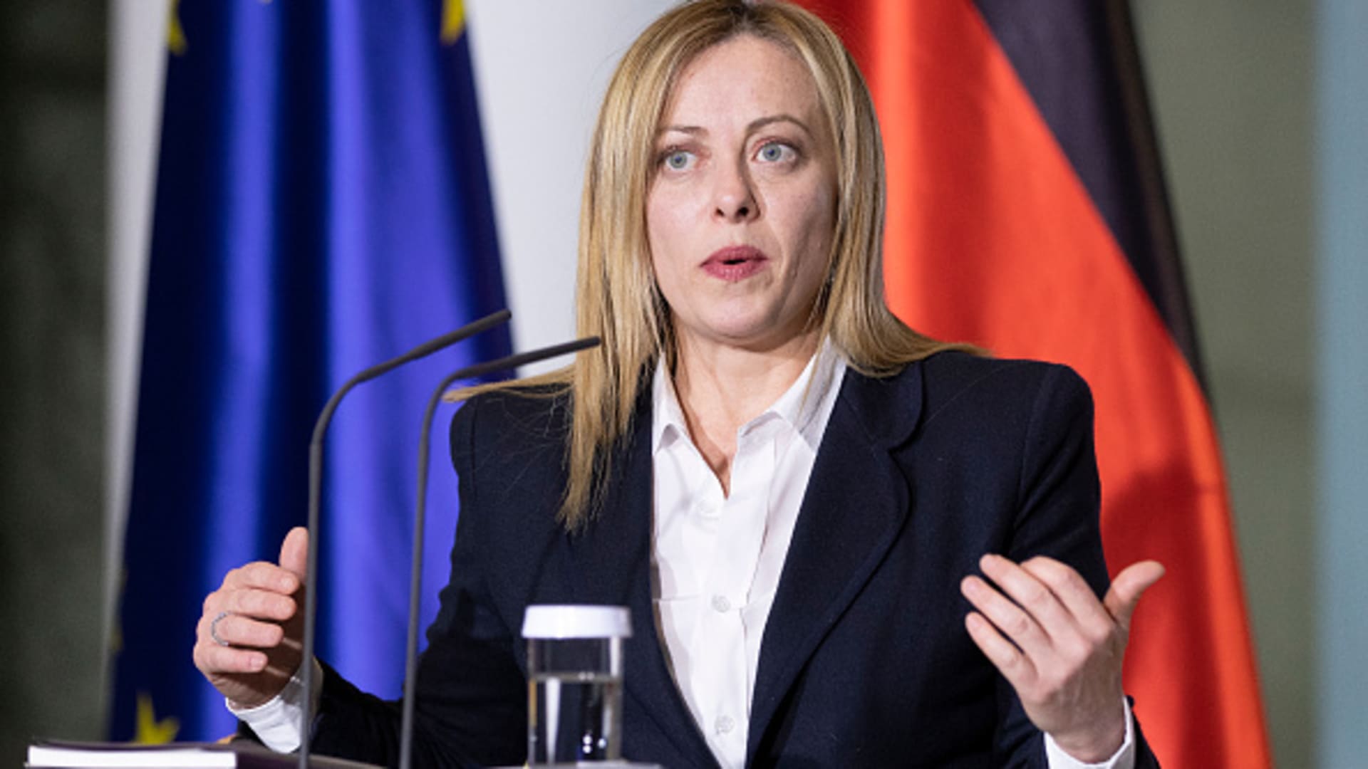 Italian Prime Minister Giorgia Meloni speaks during a press conference in Berlin, Germany.