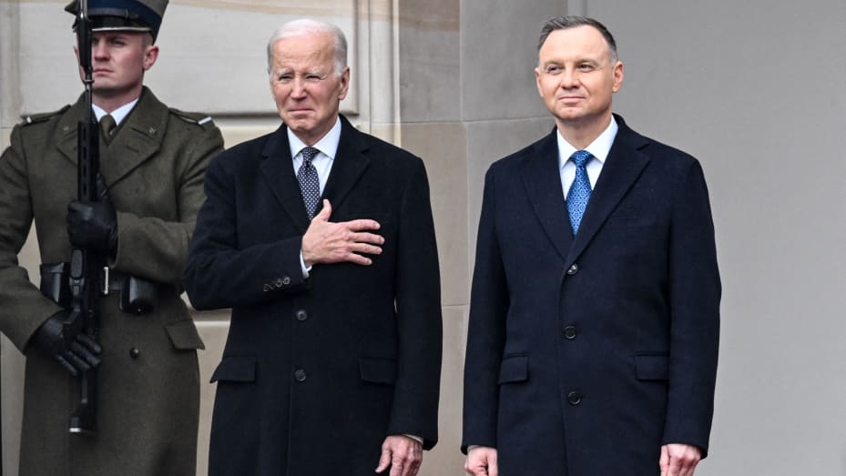 U.S. President Joe Biden is welcomed by Polish President Andrzej Duda for talks at the Presidential Palace in Warsaw on February 21, 2023.