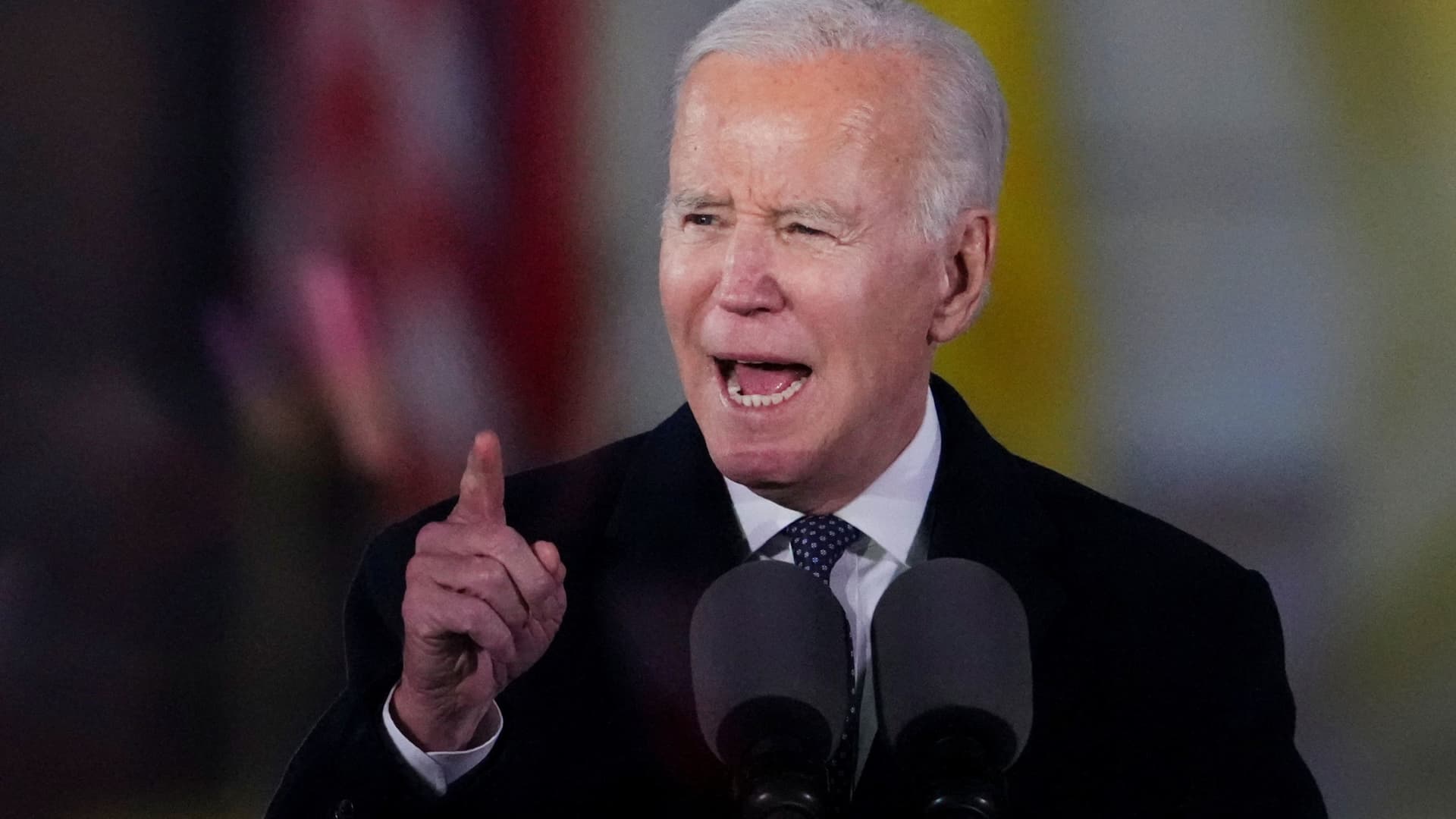 U.S. President Joe Biden delivers remarks ahead of the one year anniversary of Russia’s invasion of Ukraine, during an event outside the Royal Castle, in Warsaw, Poland, February 21, 2023.