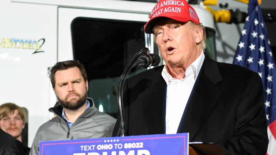 Former U.S. President Donald Trump speaks about the recent derailment of a train carrying hazardous waste, during an event at a fire station in East Palestine, Ohio, U.S., February 22, 2023. REUTERS/Alan Freed