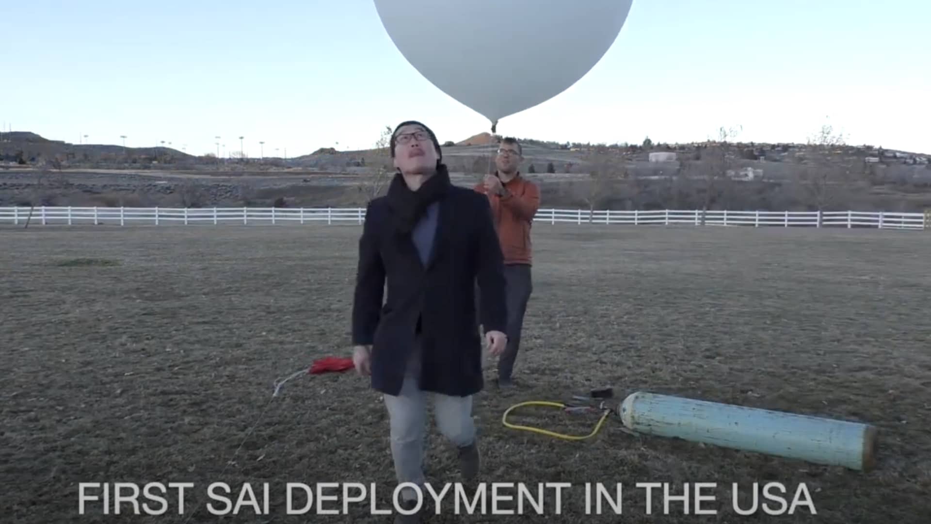 Here, founder Luke Iseman is preparing to release the weather balloon filled with sulfur dioxide and helium into the atmosphere. Make Sunsets says this is the first deployment of SAI, or stratospheric aerosol injection, another and more specific name for solar geoengineering.