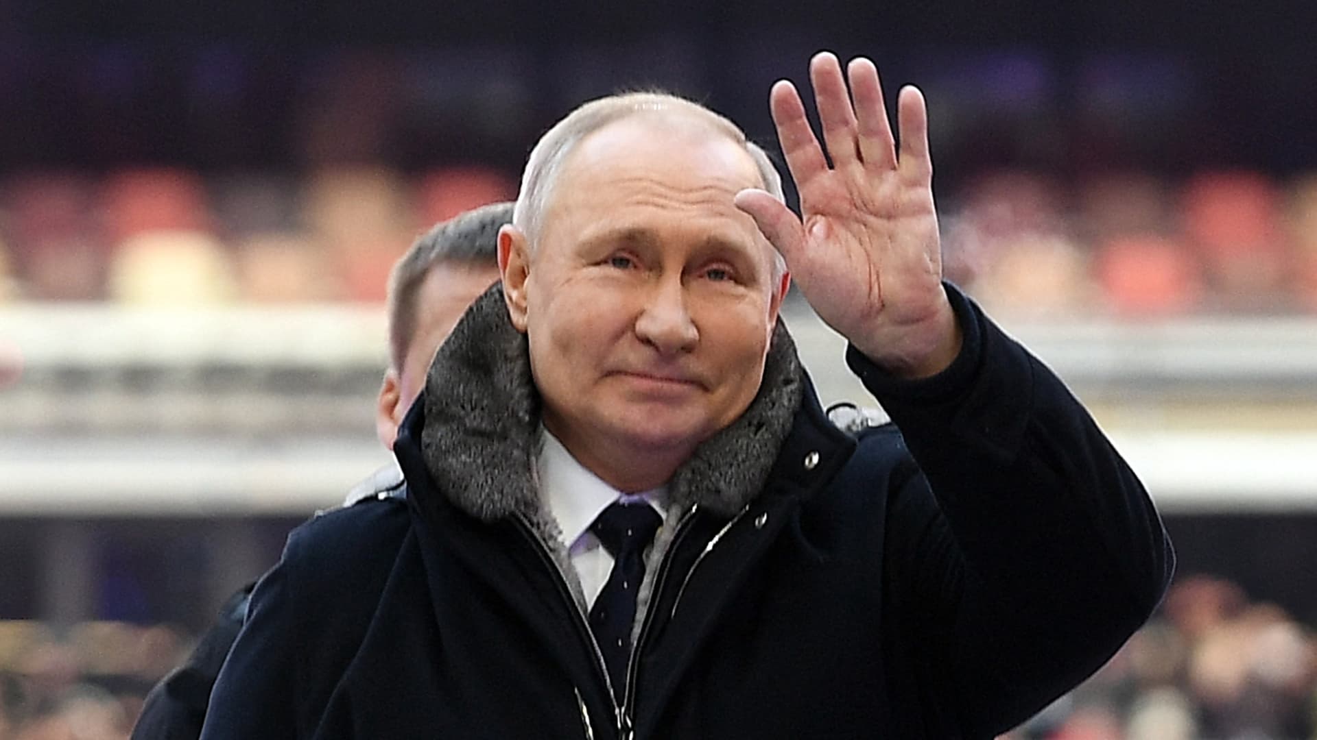Russian President Vladimir Putin attends a patriotic concert dedicated to the upcoming Defender of the Fatherland Day at the Luzhniki stadium in Moscow on February 22, 2023.