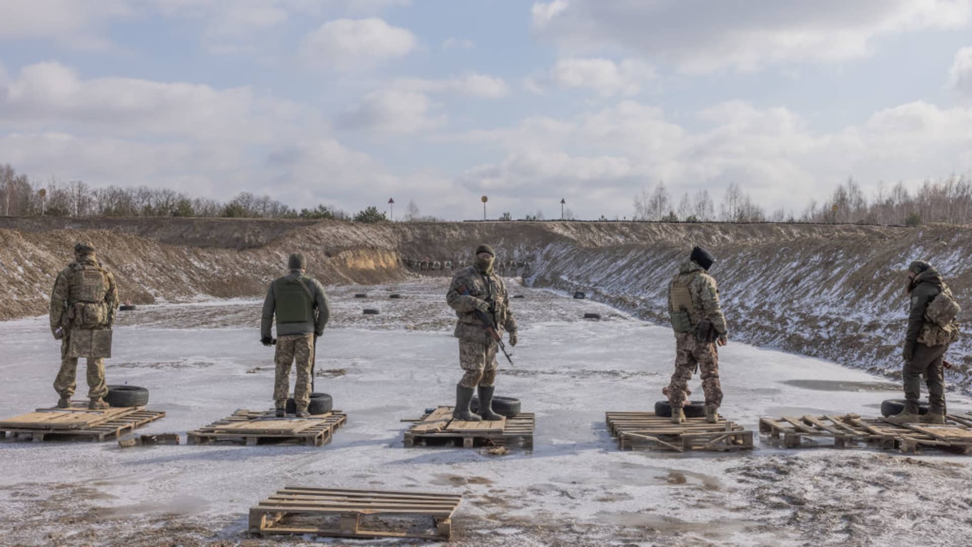 Ukrainian members of the Territorial Defense Forces take part in target practice on Feb. 22, 2023, in Chernihiv region, Ukraine.