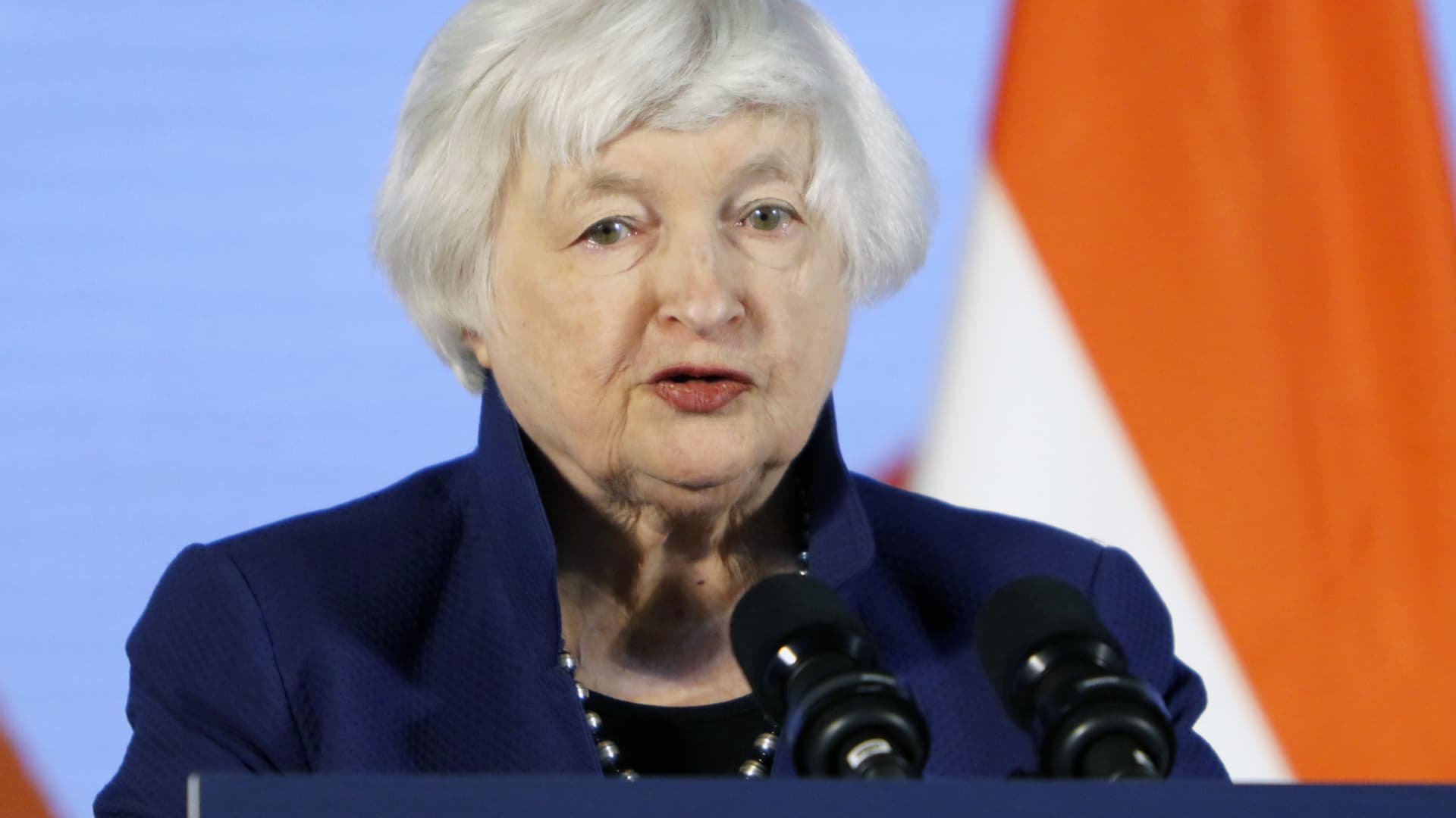 Janet Yellen, US Treasury secretary, speaks during a news conference at the Group of 20 (G-20) finance ministers and central bank governors meeting in Bengaluru, India, on Thursday, Feb. 23, 2023.