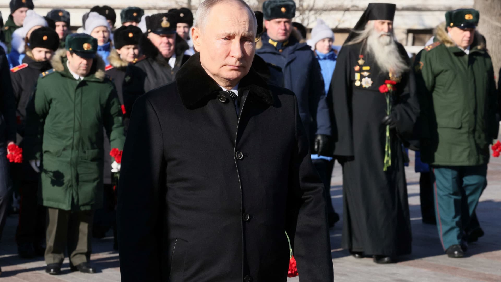 Russian President Vladimir Putin attends a wreath laying ceremony at the Tomb of the Unknown Soldier by the Kremlin Wall on the Defender of the Fatherland Day in Moscow, Russia, February 23, 2023.